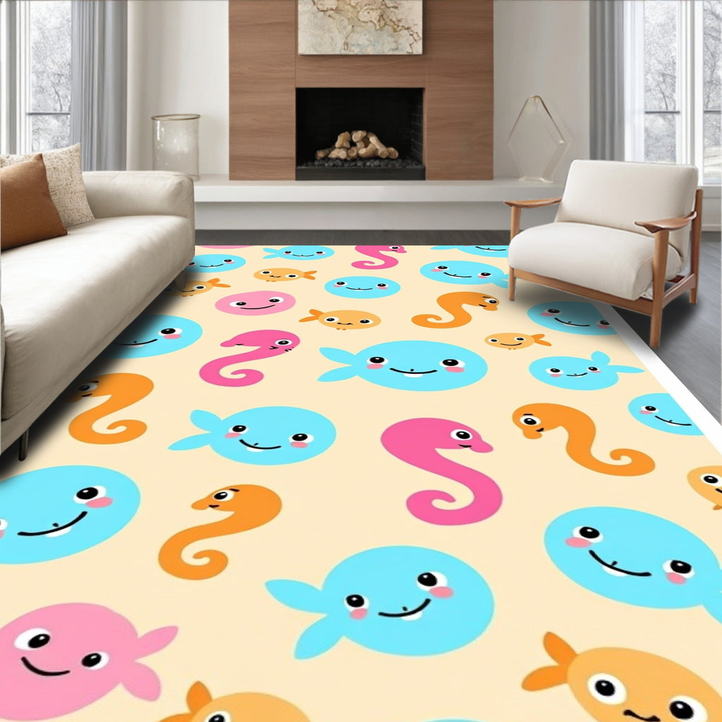 Whimsical Sea Creatures Coral Blue Pink Orange Rug