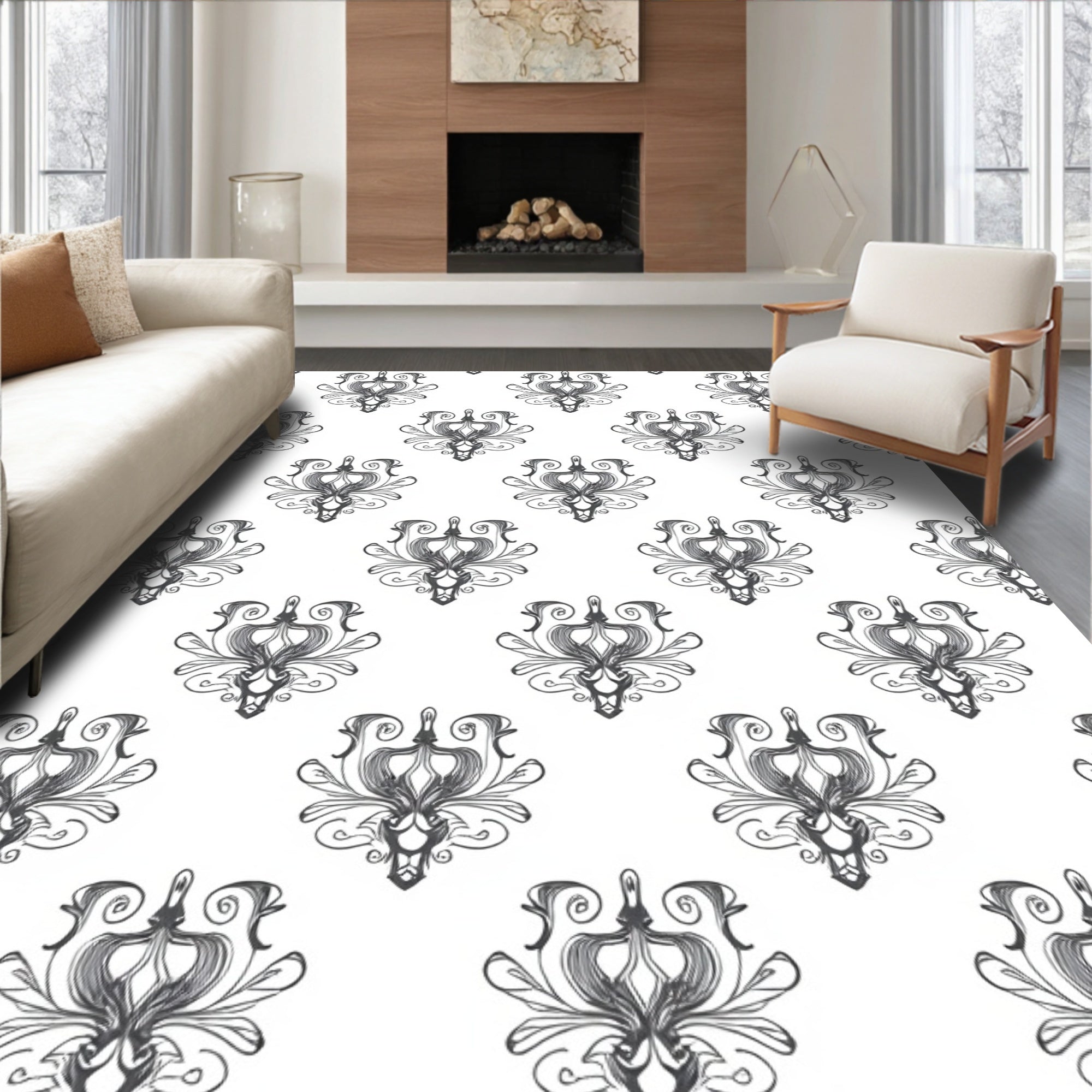 Ornate Gray Scrollwork Medallion Repeat Rug