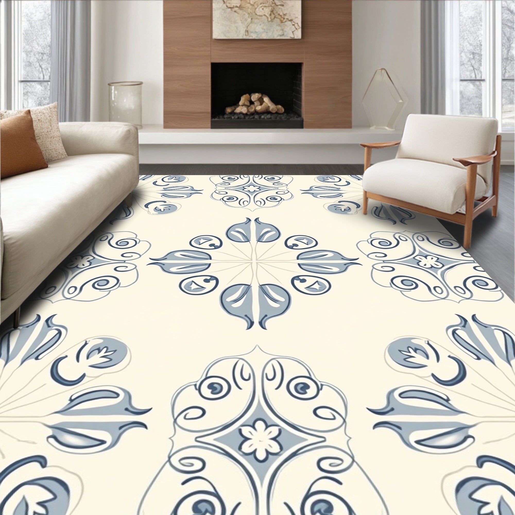 Pale Blue Floral Medallion Lattice Rug