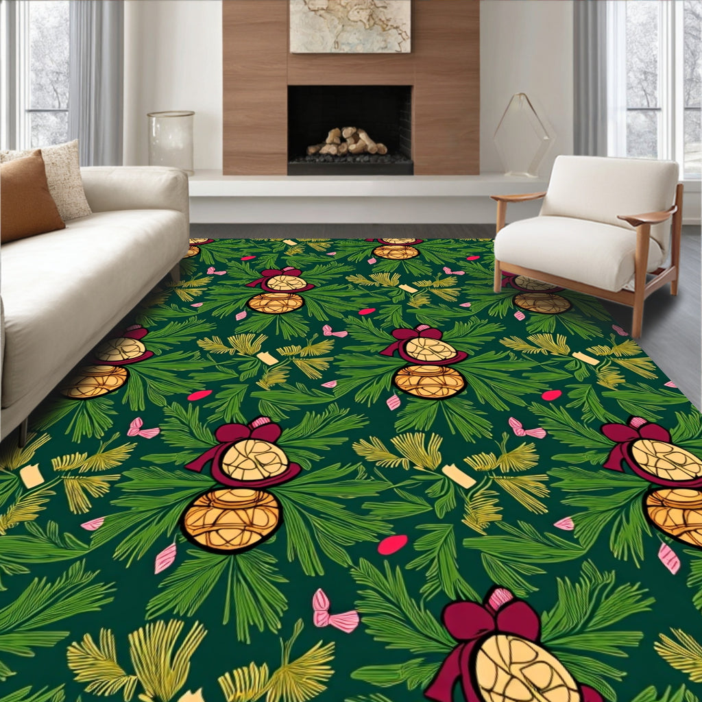 Burgundy Gold Ornament Festive Holiday Rug