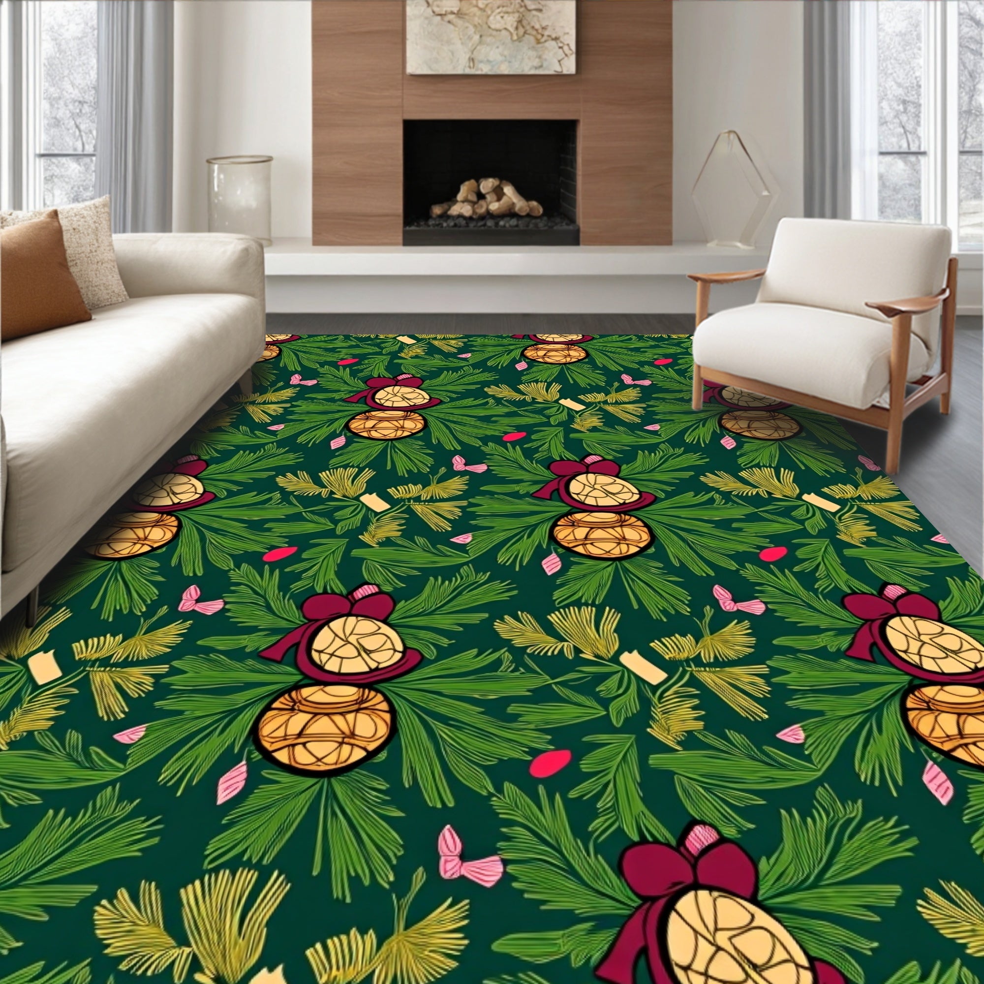 Burgundy Gold Ornament Festive Holiday Rug