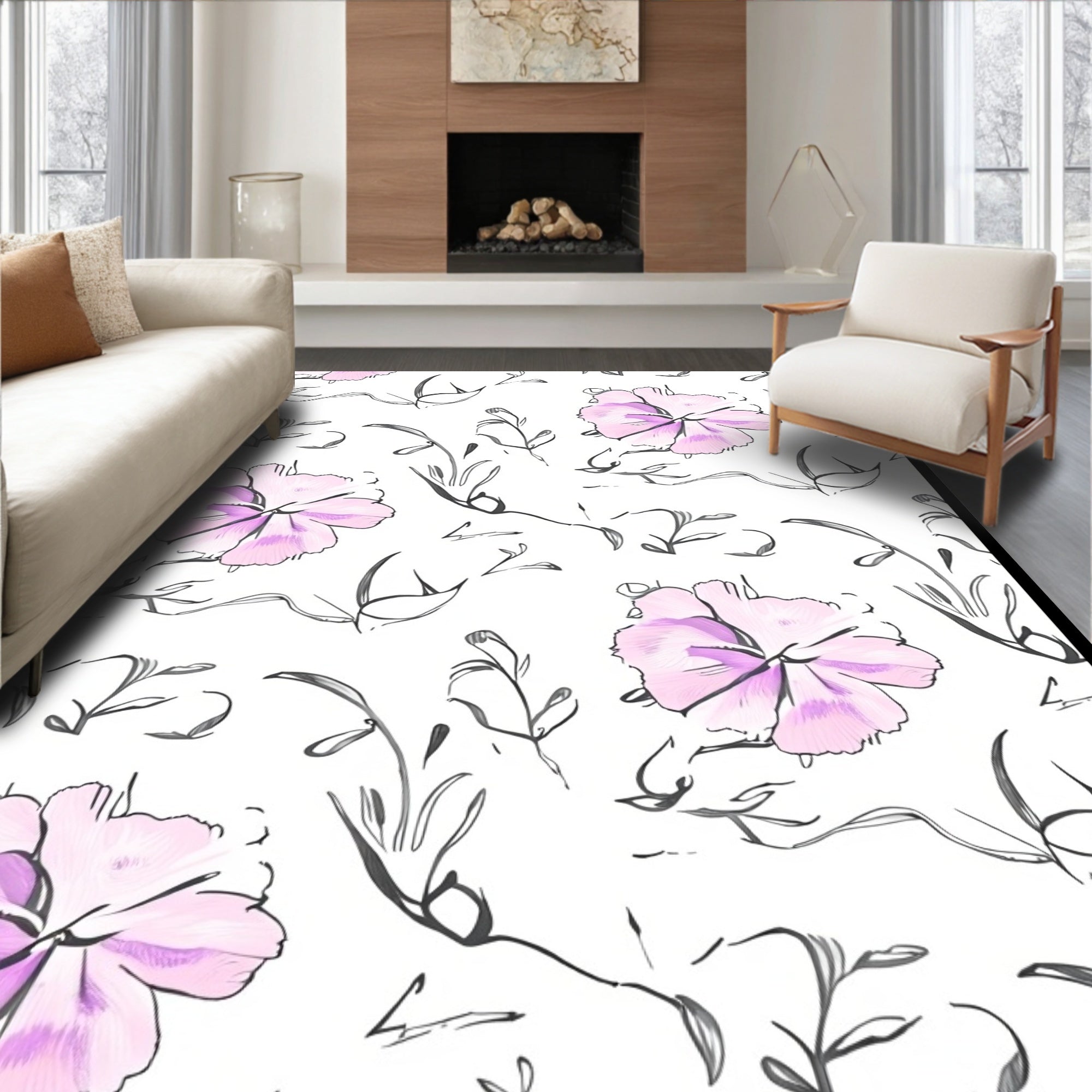 Soft Pink Watercolor Floral Sketch Rug