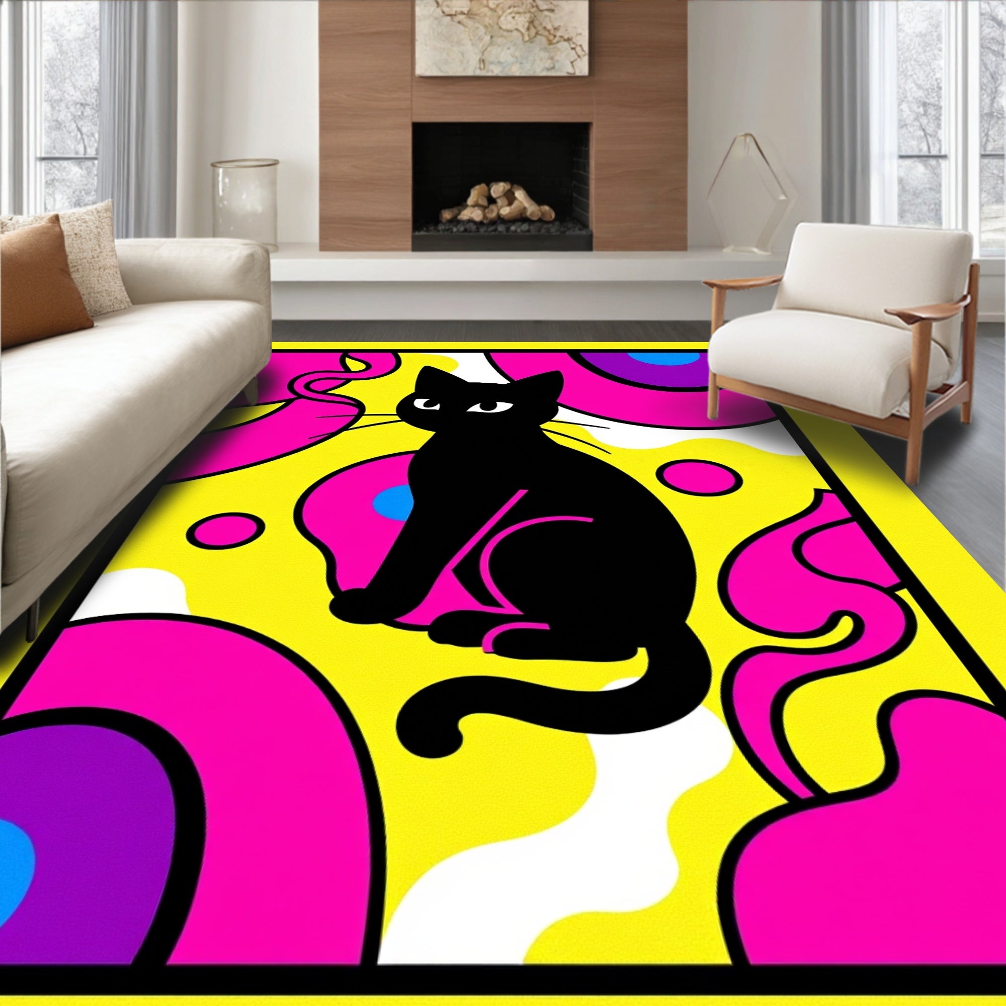 Retro Black Cat Yellow Abstract Rug