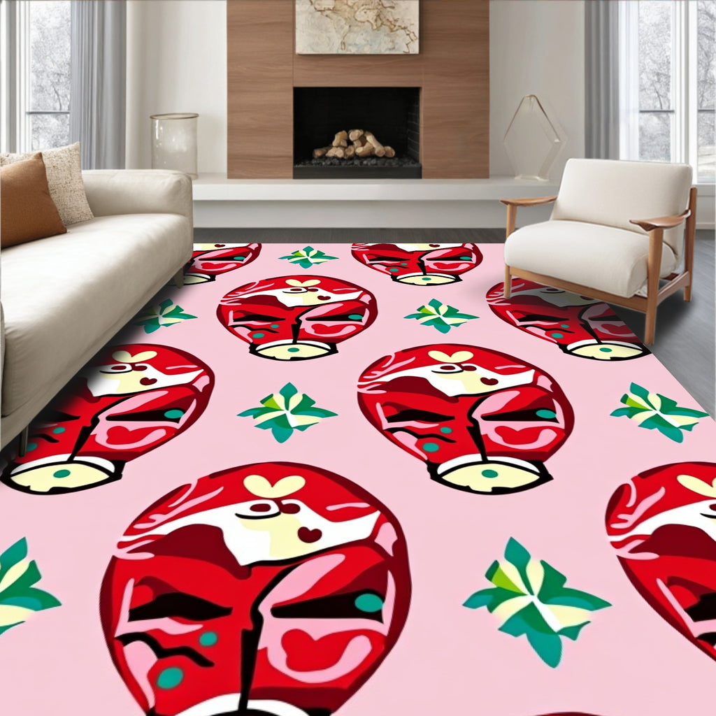 Festive Red Tribal Mask Pink Background Rug