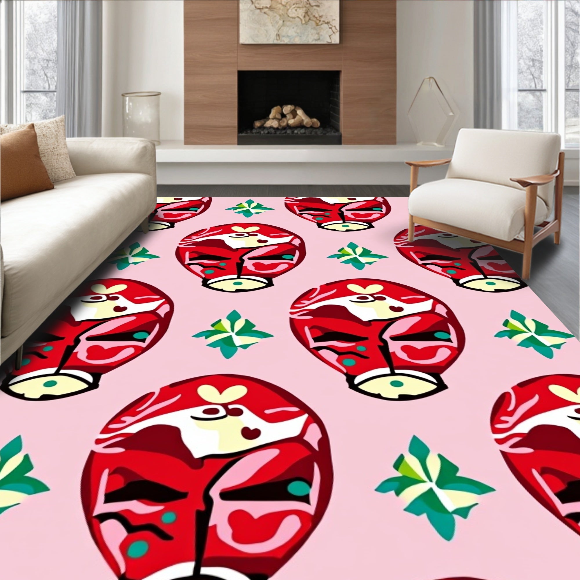 Festive Red Tribal Mask Pink Background Rug