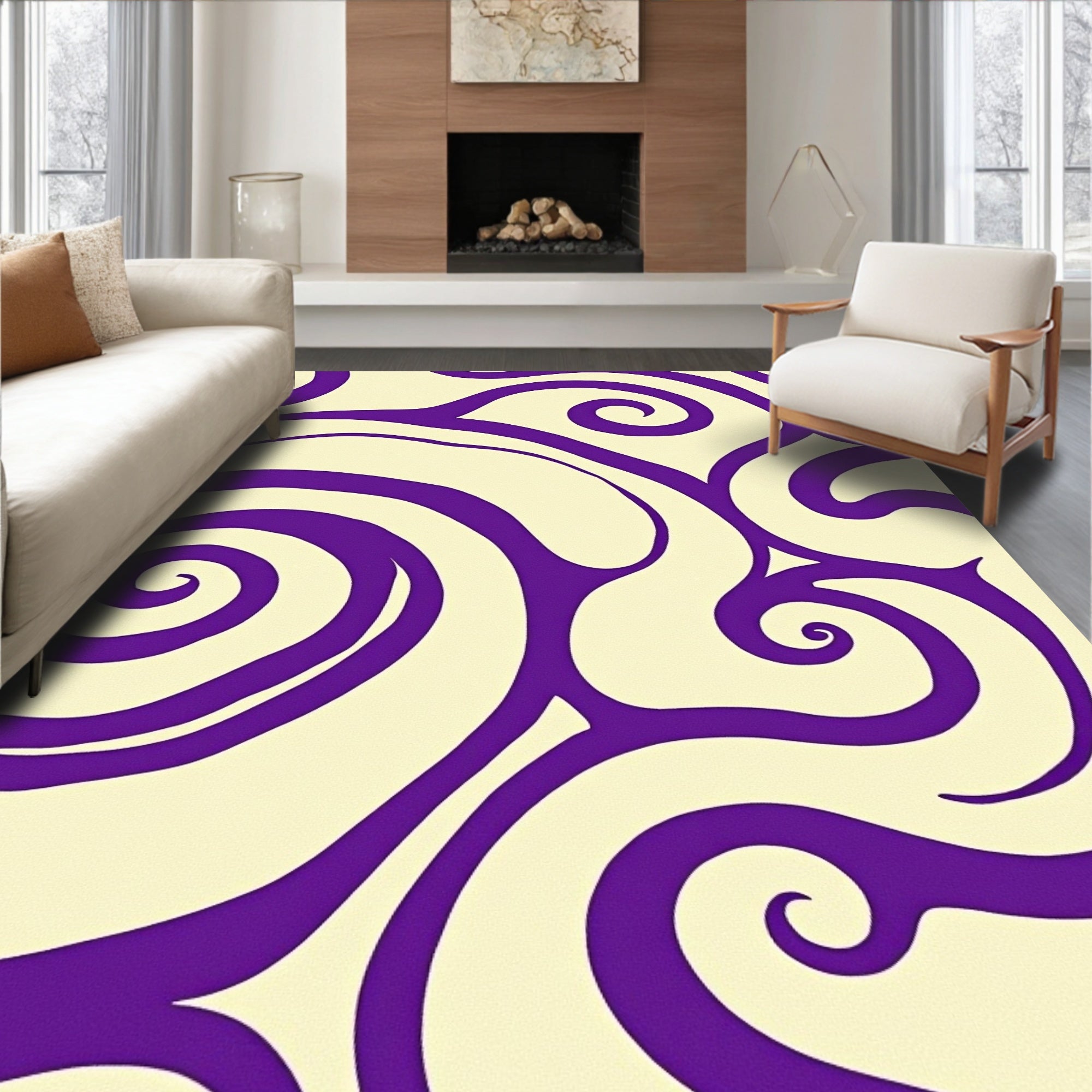 Cream Purple Abstract Swirl Rug