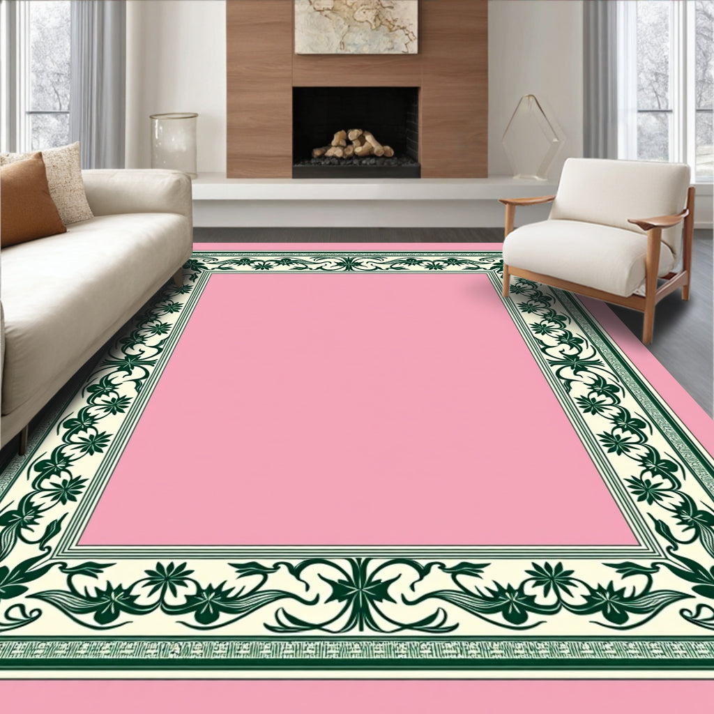 Dark Green Floral Cream Border Rug