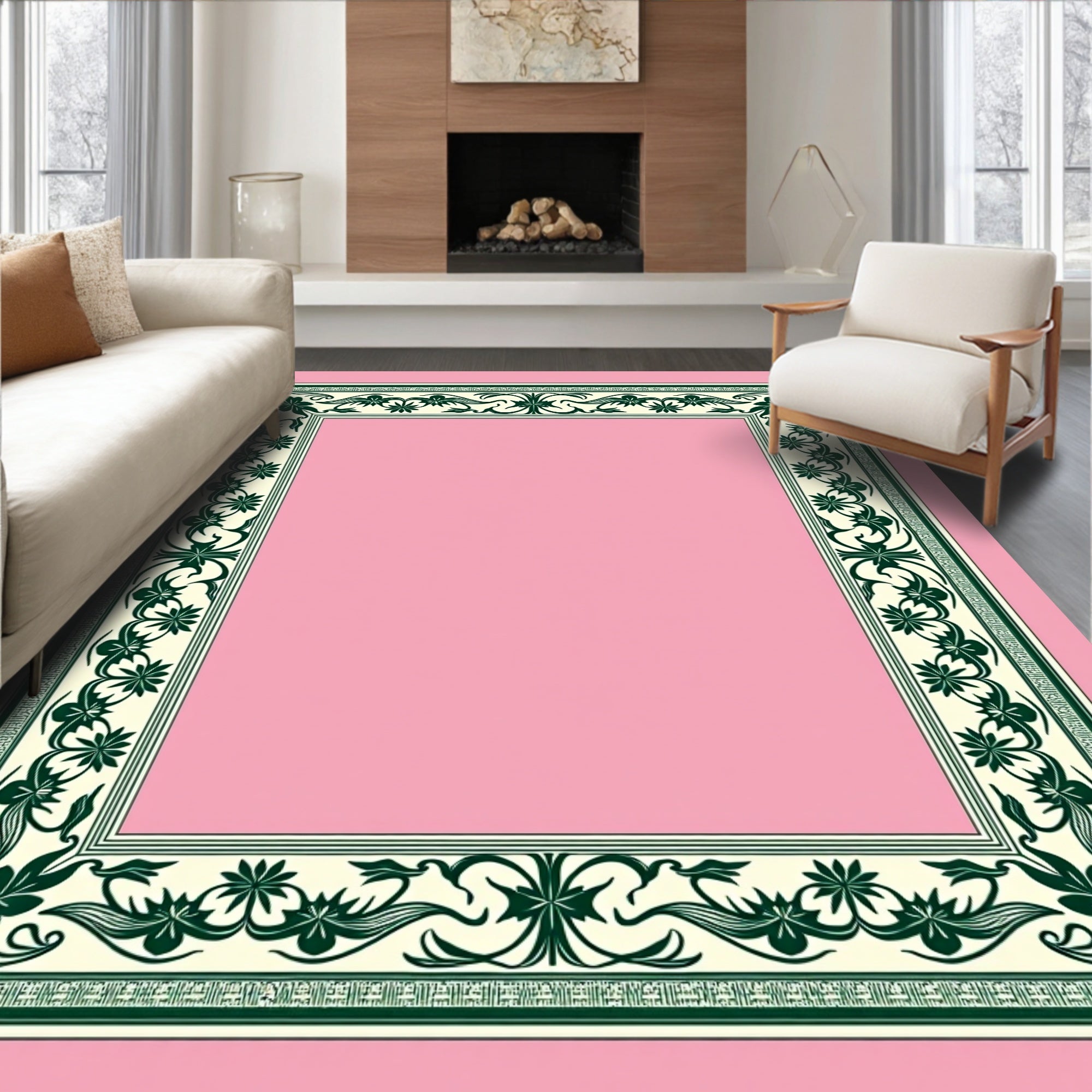 Dark Green Floral Cream Border Rug