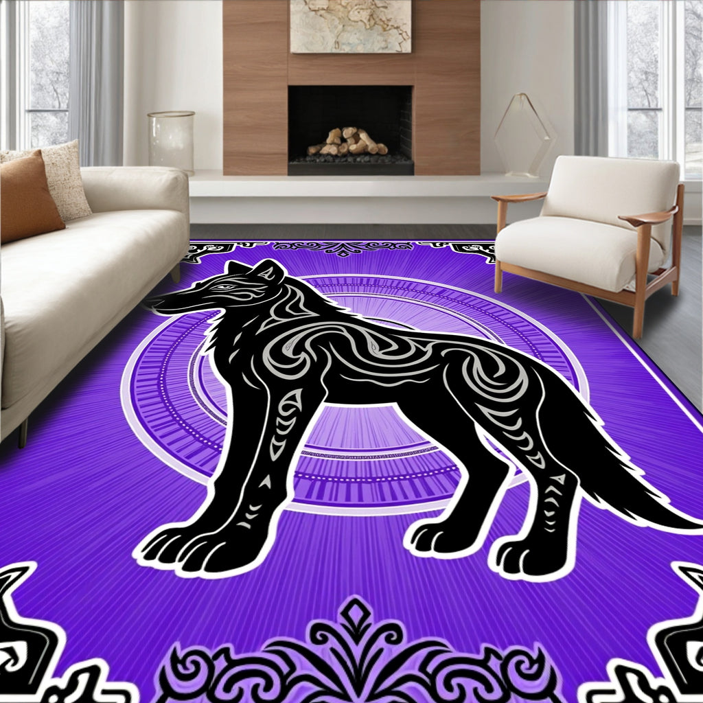 Bold Black Wolf Purple Sunburst Rug
