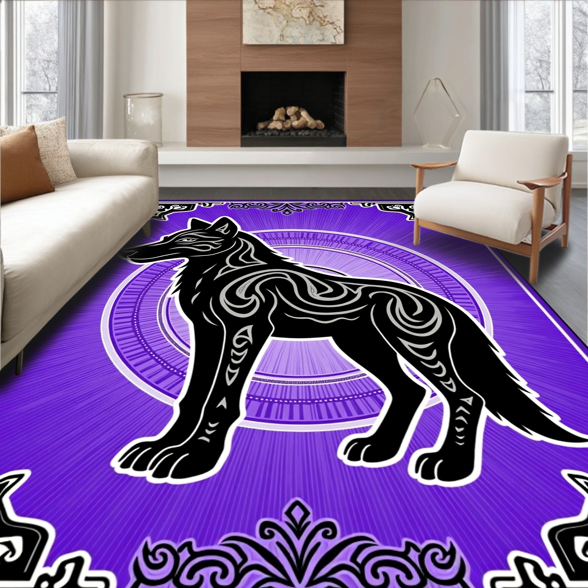 Bold Black Wolf Purple Sunburst Rug