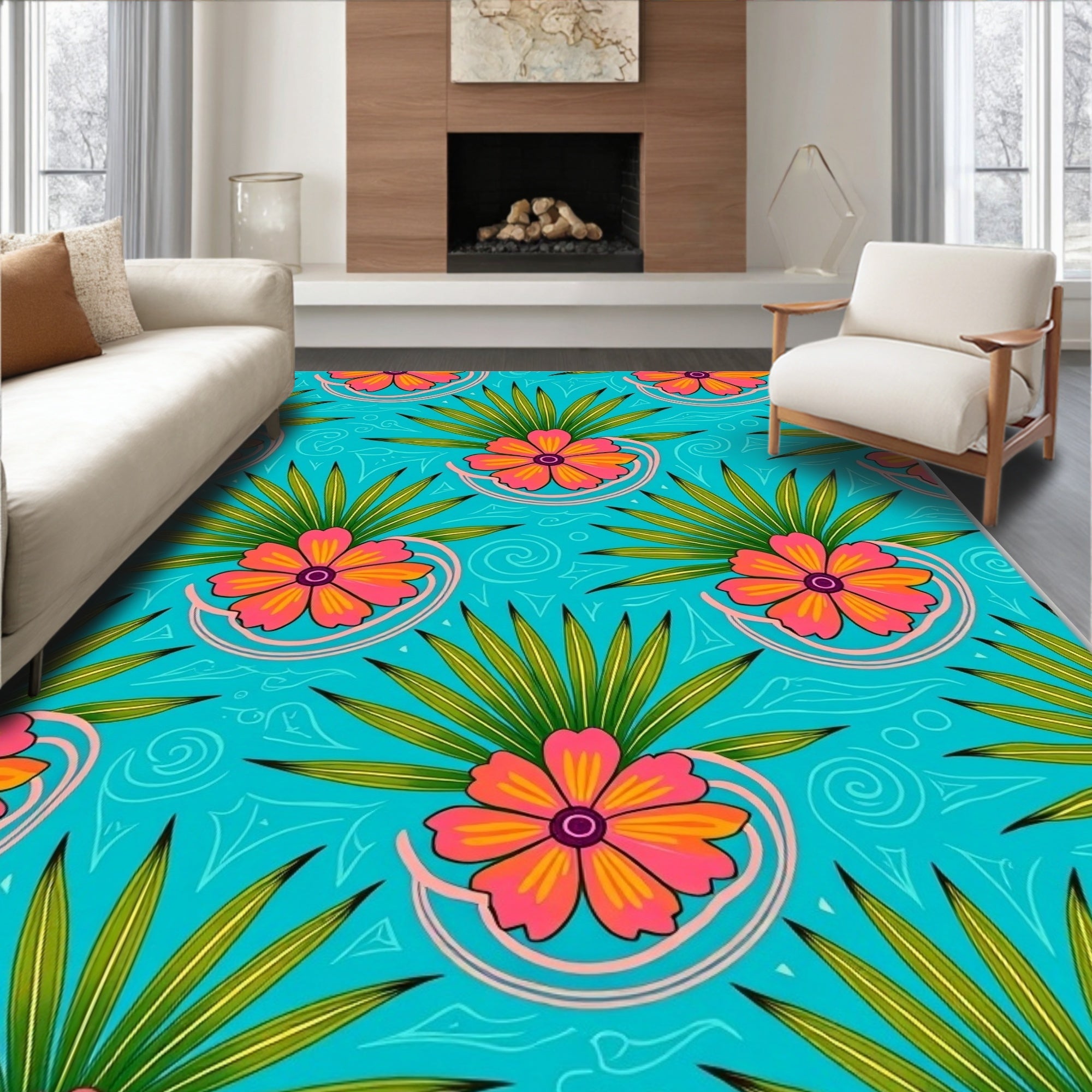 Tropical Turquoise Floral Fan Rug