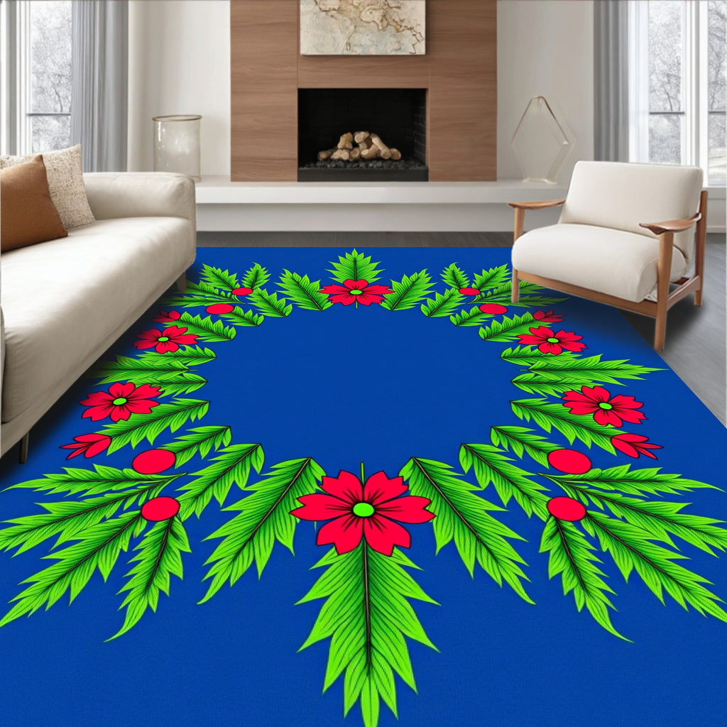 Vibrant Red Floral Wreath Greenery Rug