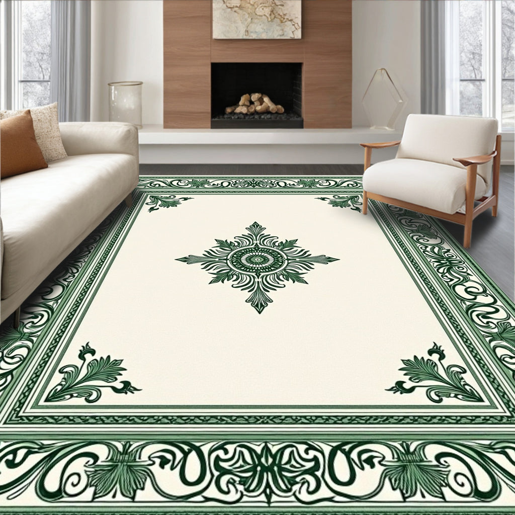 Emerald Green Ornamental Floral Border Rug