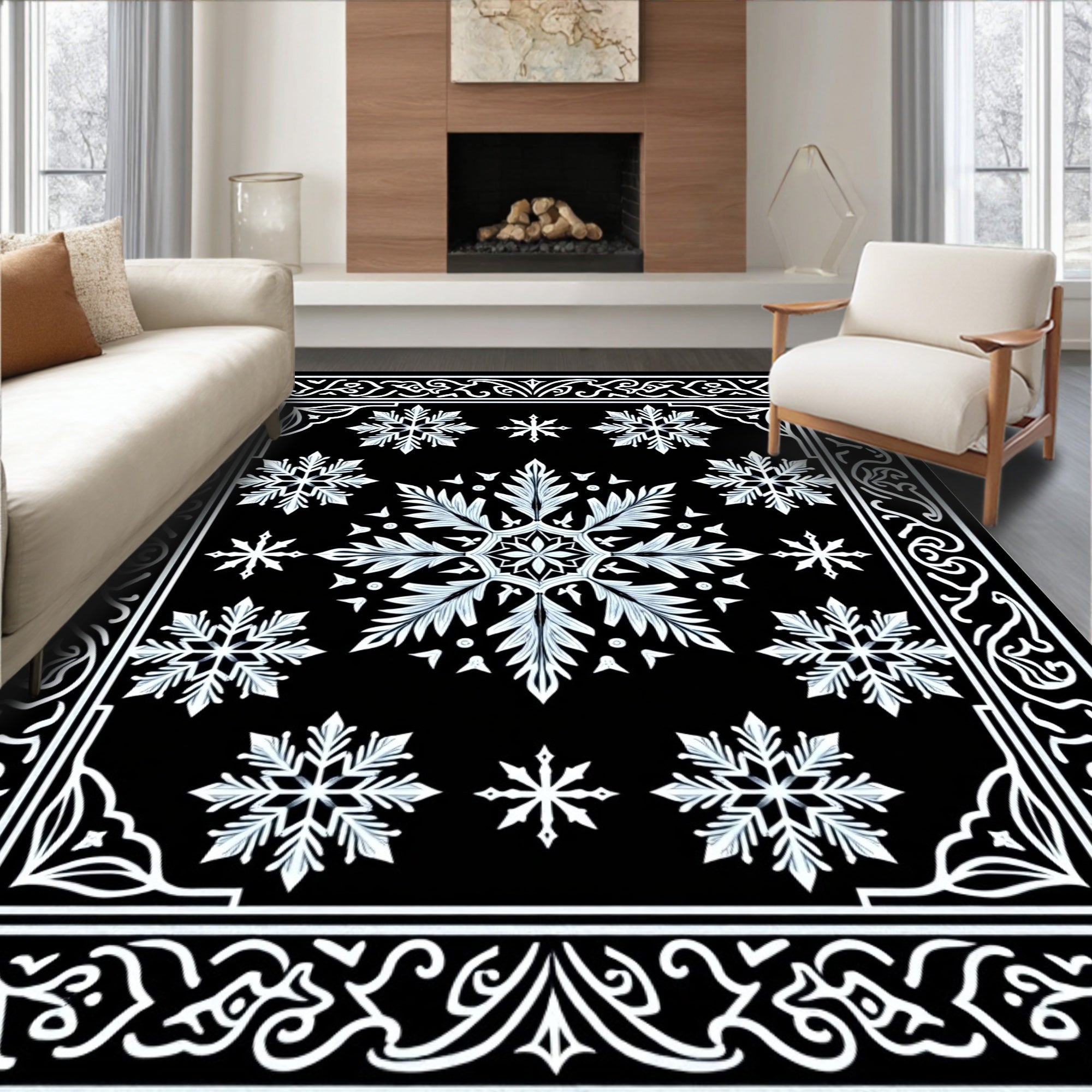 Black White Snowflake Ornamental Medallion Rug