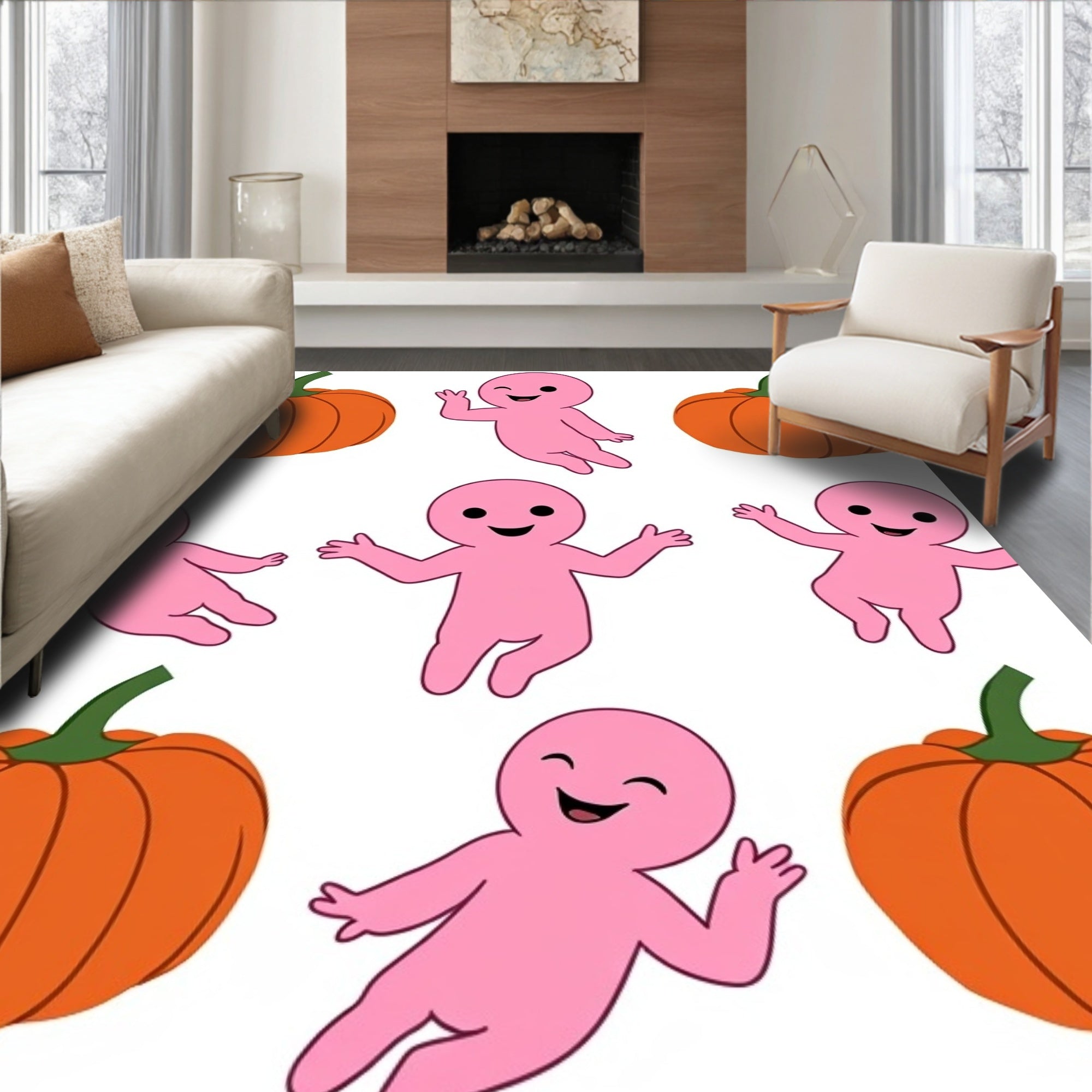 Pink Figures and Orange Pumpkins Scatter Rug