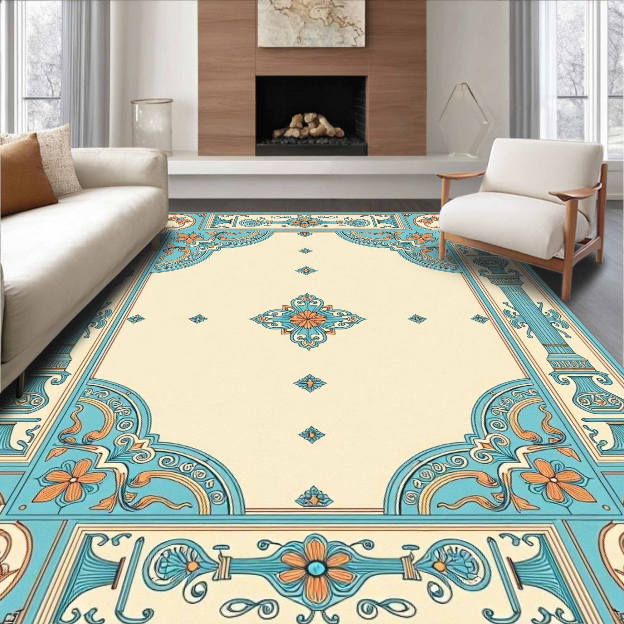Turquoise Coral Floral Medallion Border Rug