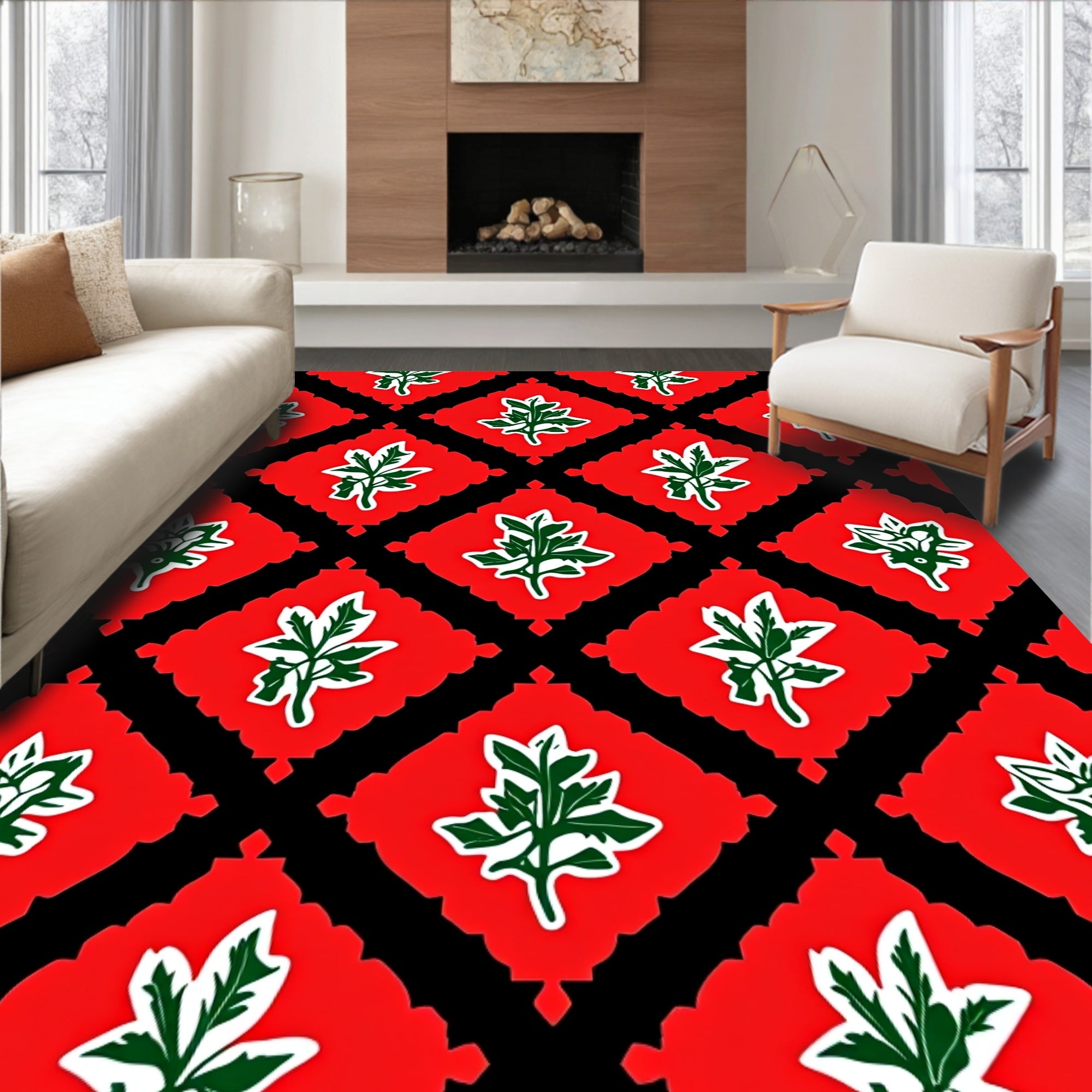 Red Black Leaf Medallion Rug