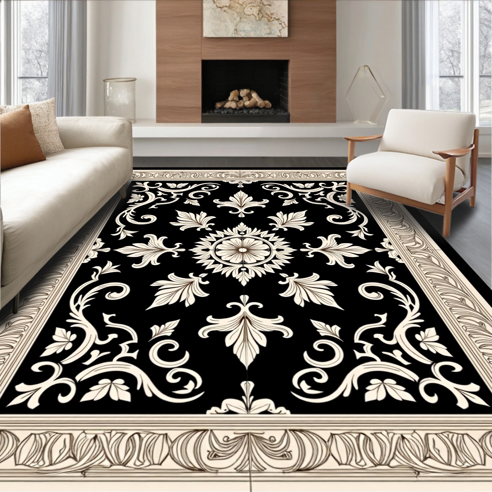 Black Cream Medallion Scrollwork Ornament Rug