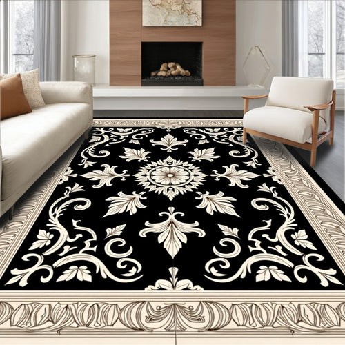 Black Cream Medallion Scrollwork Ornament Rug