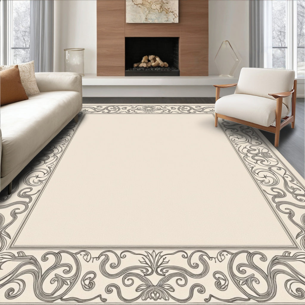 Elegant Cream Black Scrollwork Border Rug