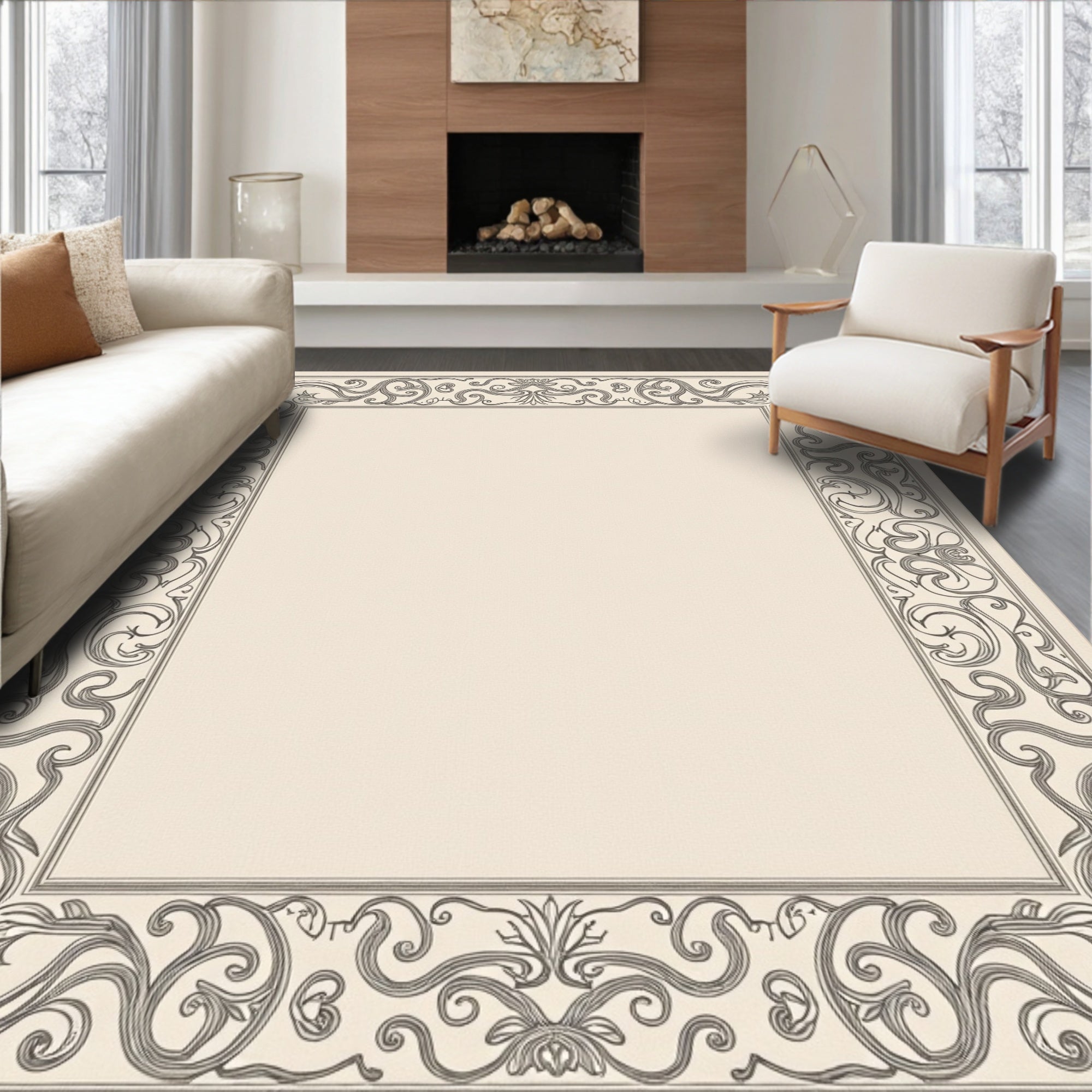 Elegant Cream Black Scrollwork Border Rug