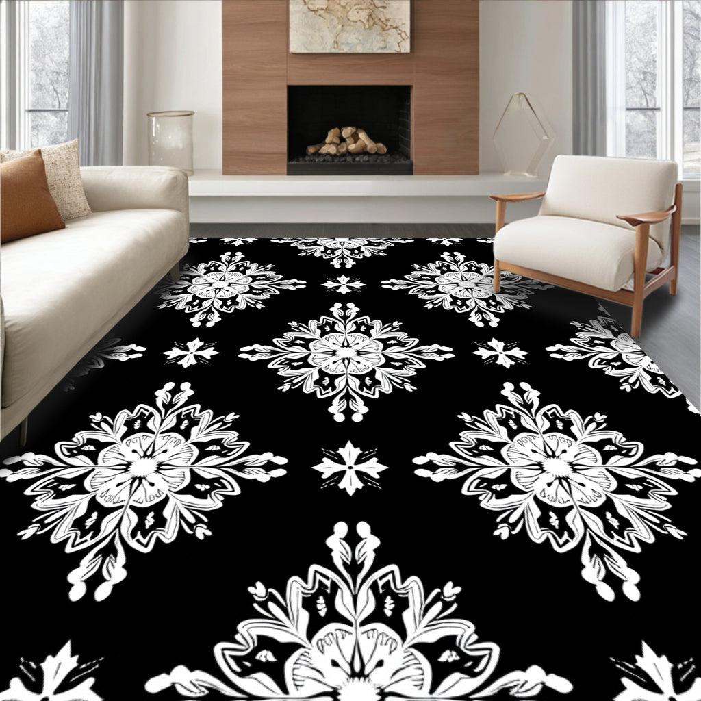 Ornate Black White Mandala Blossom Rug
