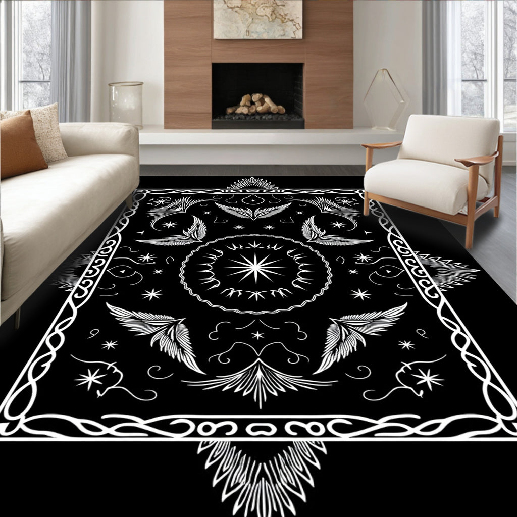 Ornate White Starburst Winged Mandala Rug