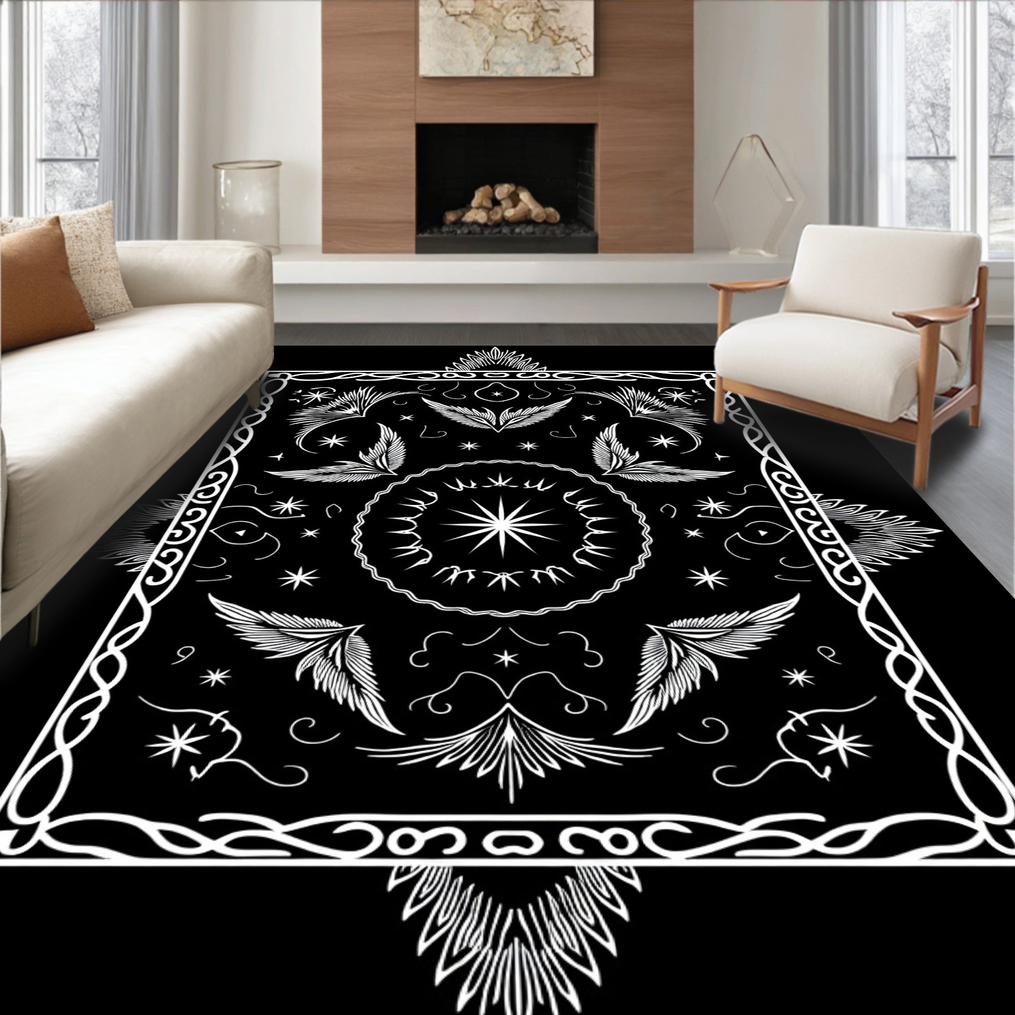 Ornate White Starburst Winged Mandala Rug