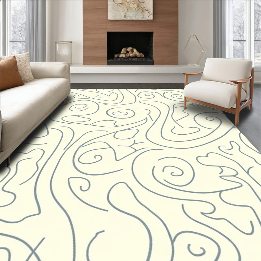 Cream Gray Abstract Swirl Lines Rug