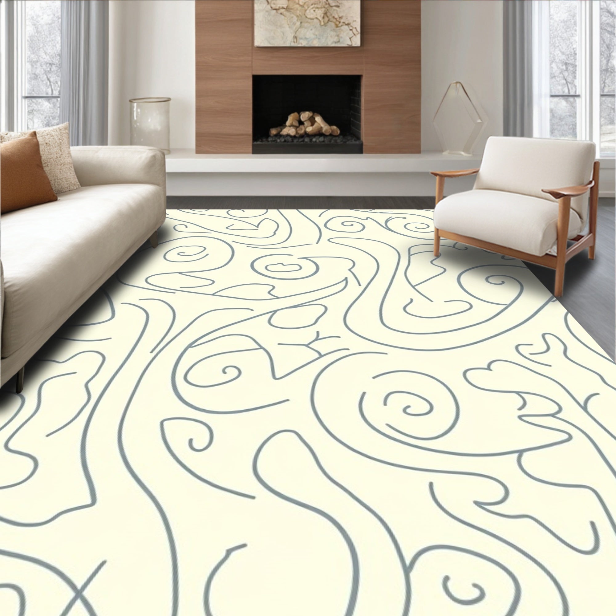 Cream Gray Abstract Swirl Lines Rug