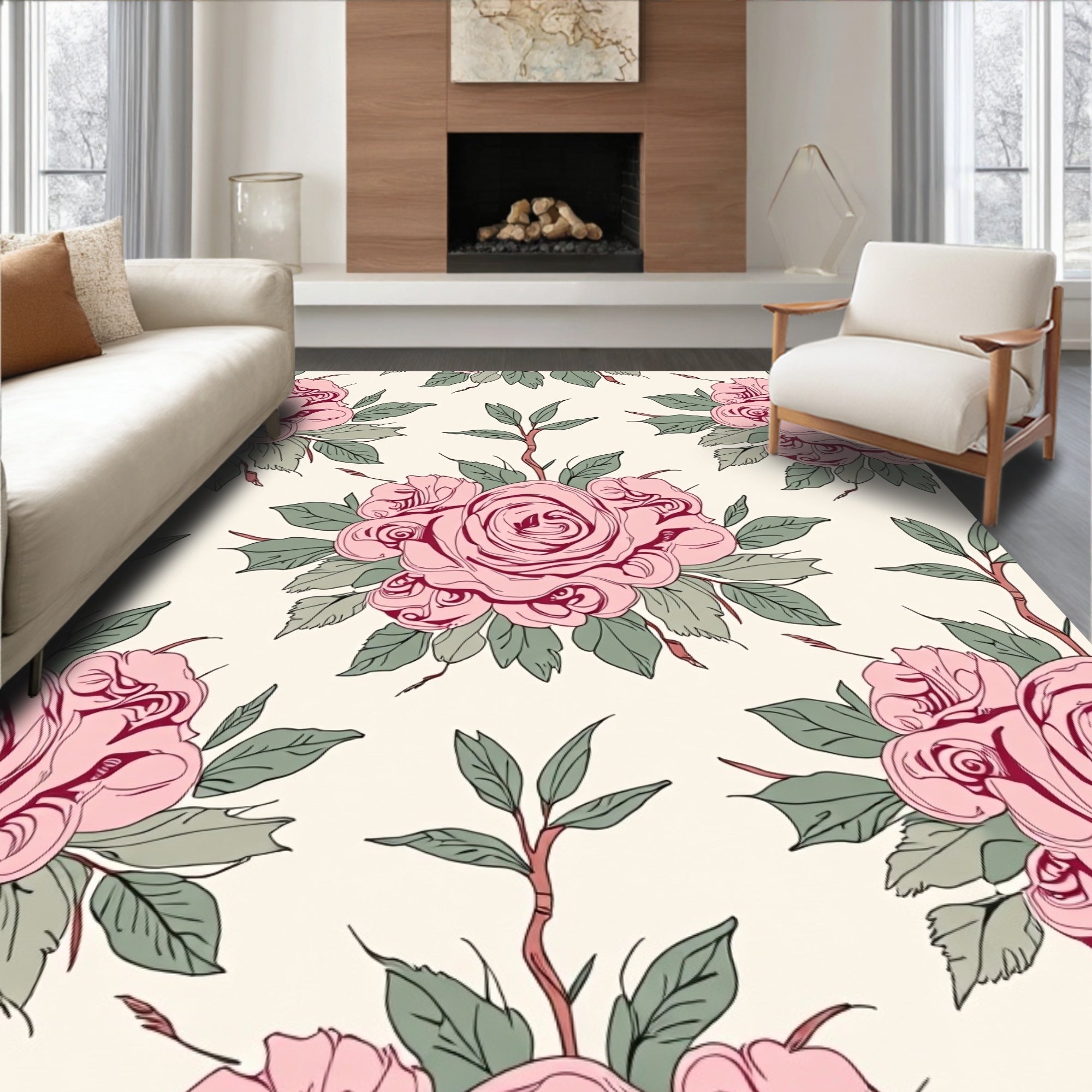Vintage Pink Rose Floral Bouquet Rug