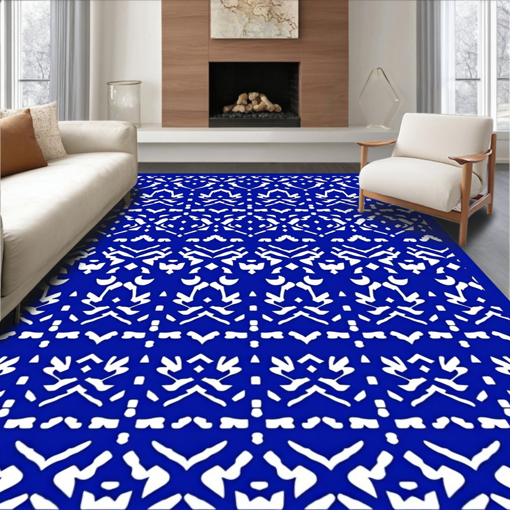 Bold Royal Blue White Abstract Stripes Rug