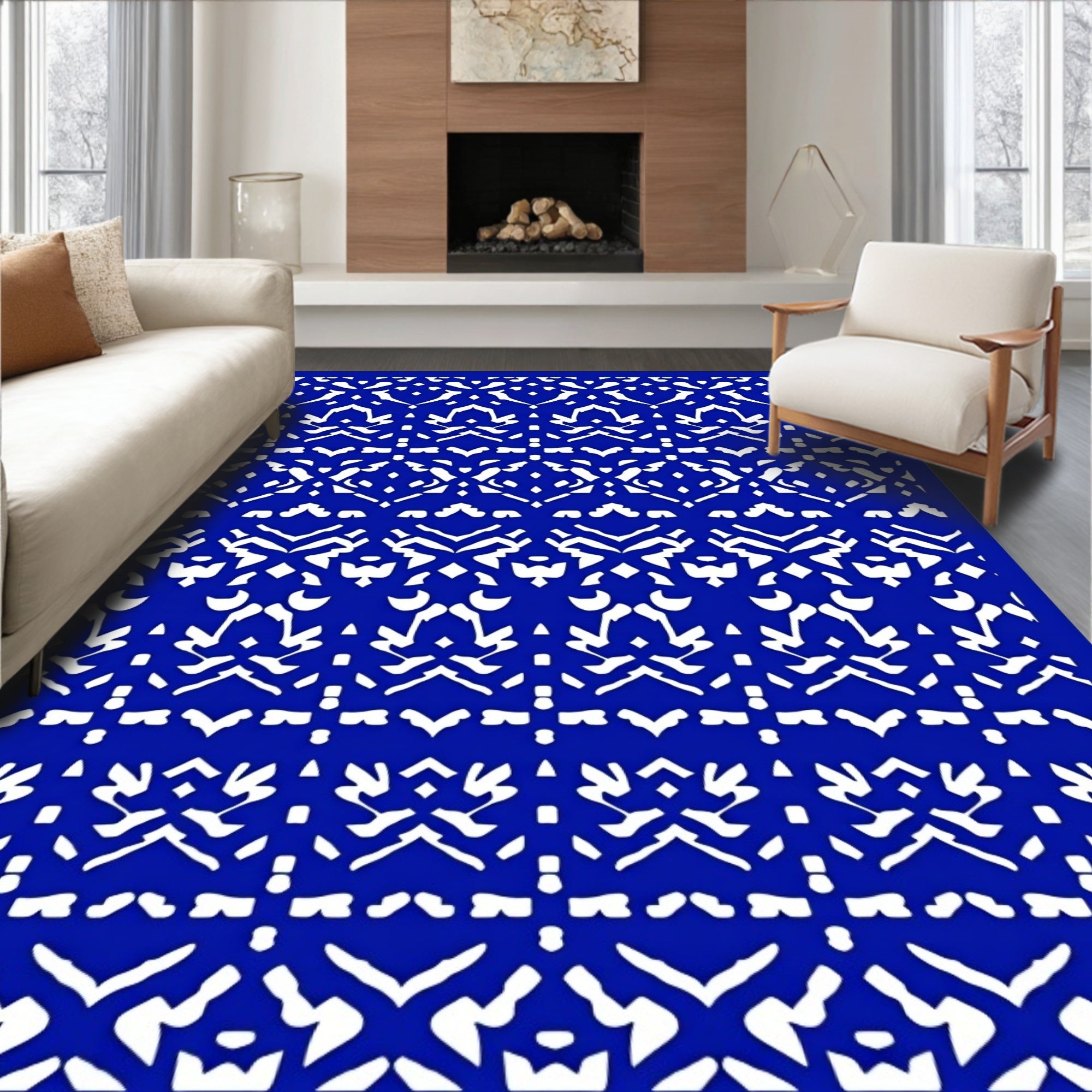 Bold Royal Blue White Abstract Stripes Rug
