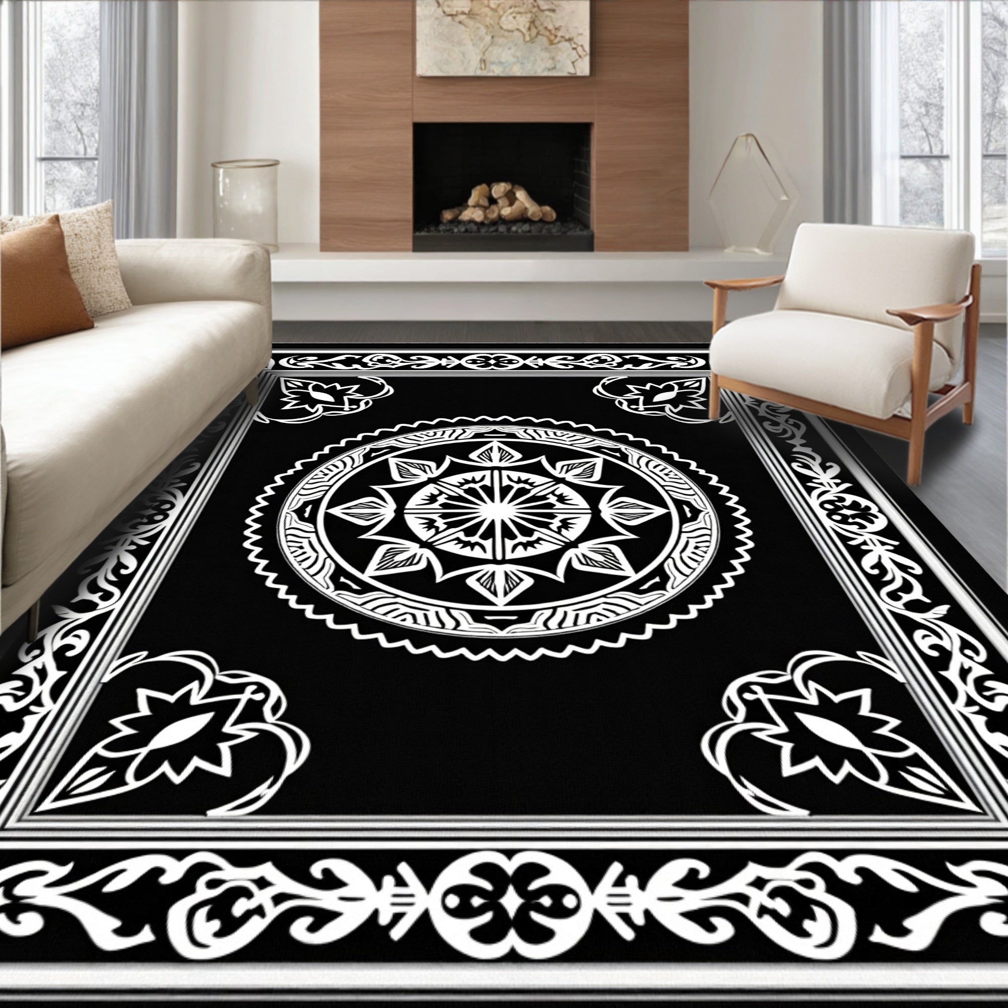 Classic Black White Medallion Border Rug