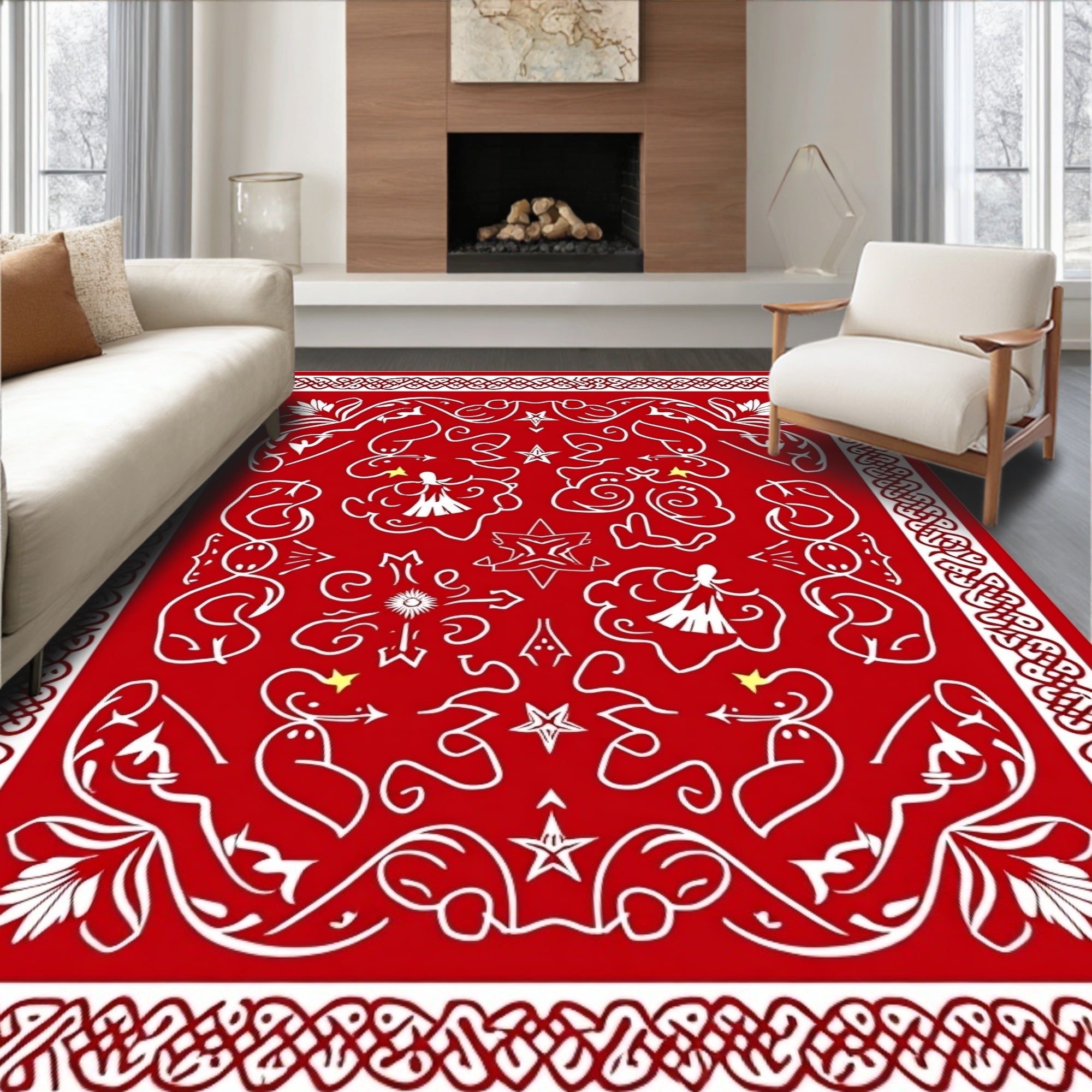 Bold Red Whimsical Celestial Garland Rug