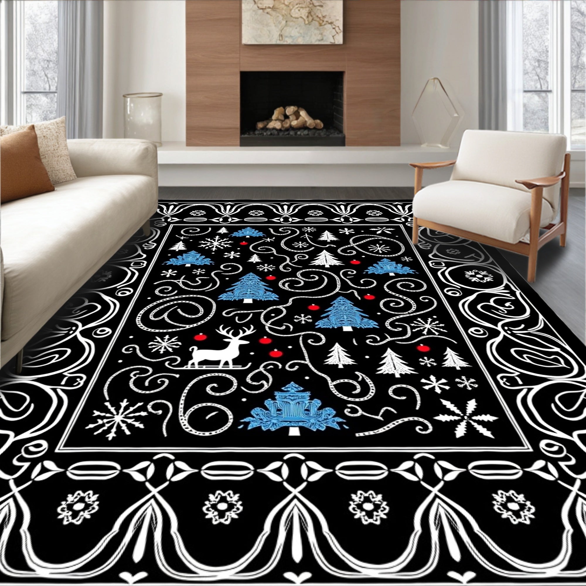 Whimsical White Snowflake Winter Woodland Rug