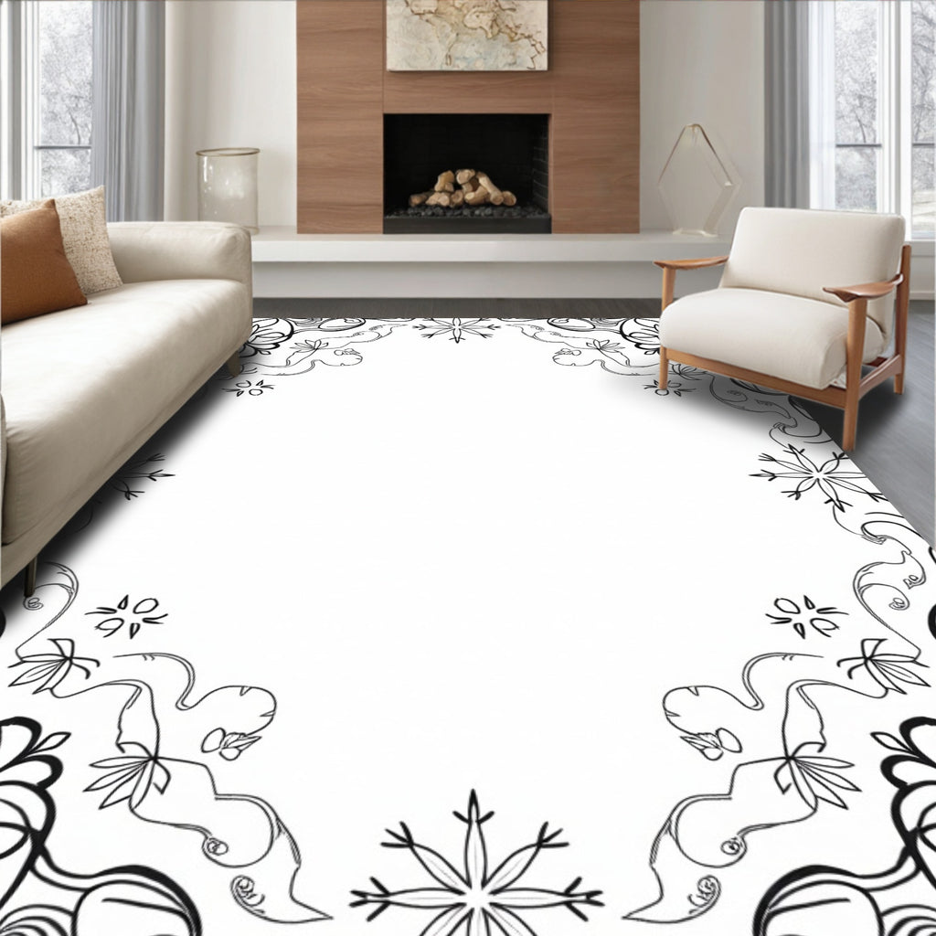 Whimsical Black White Floral Scrollwork Rug