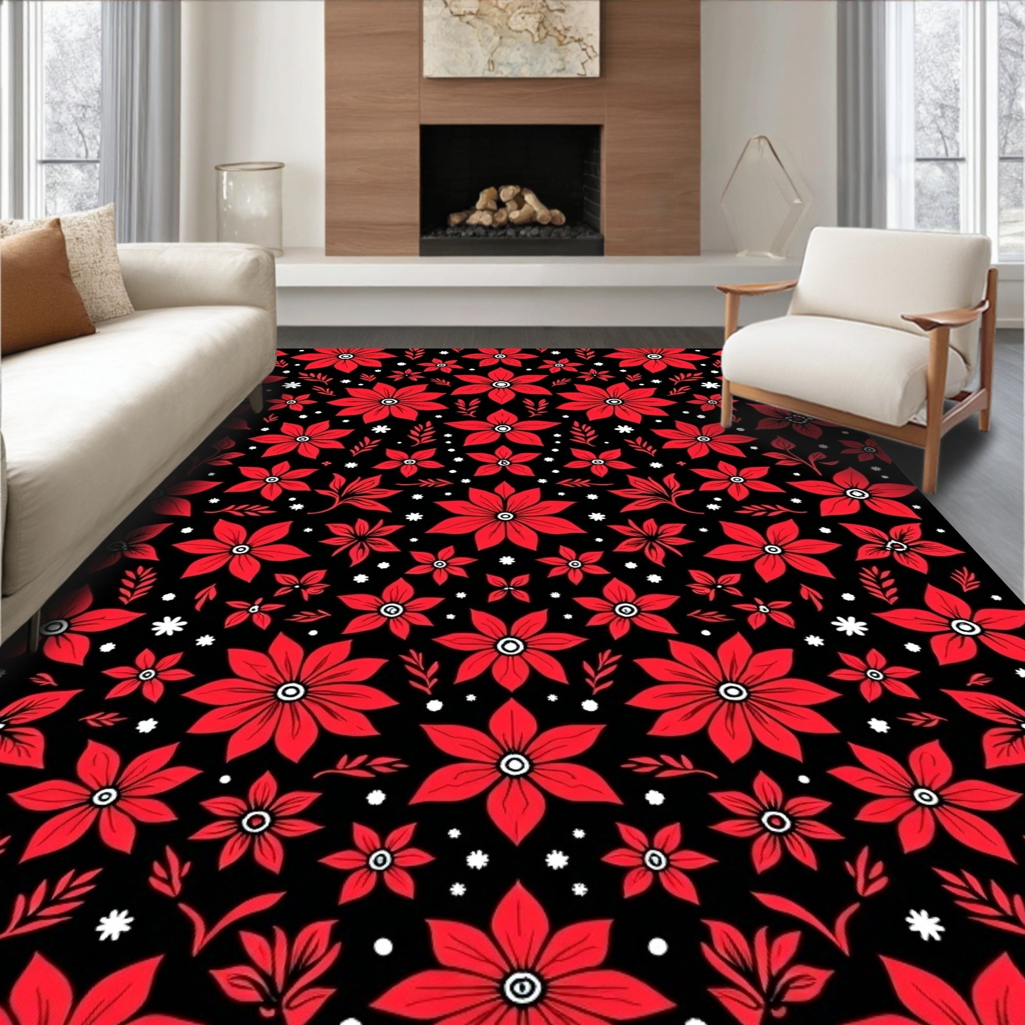 Bold Red Floral Garden Scatter Rug
