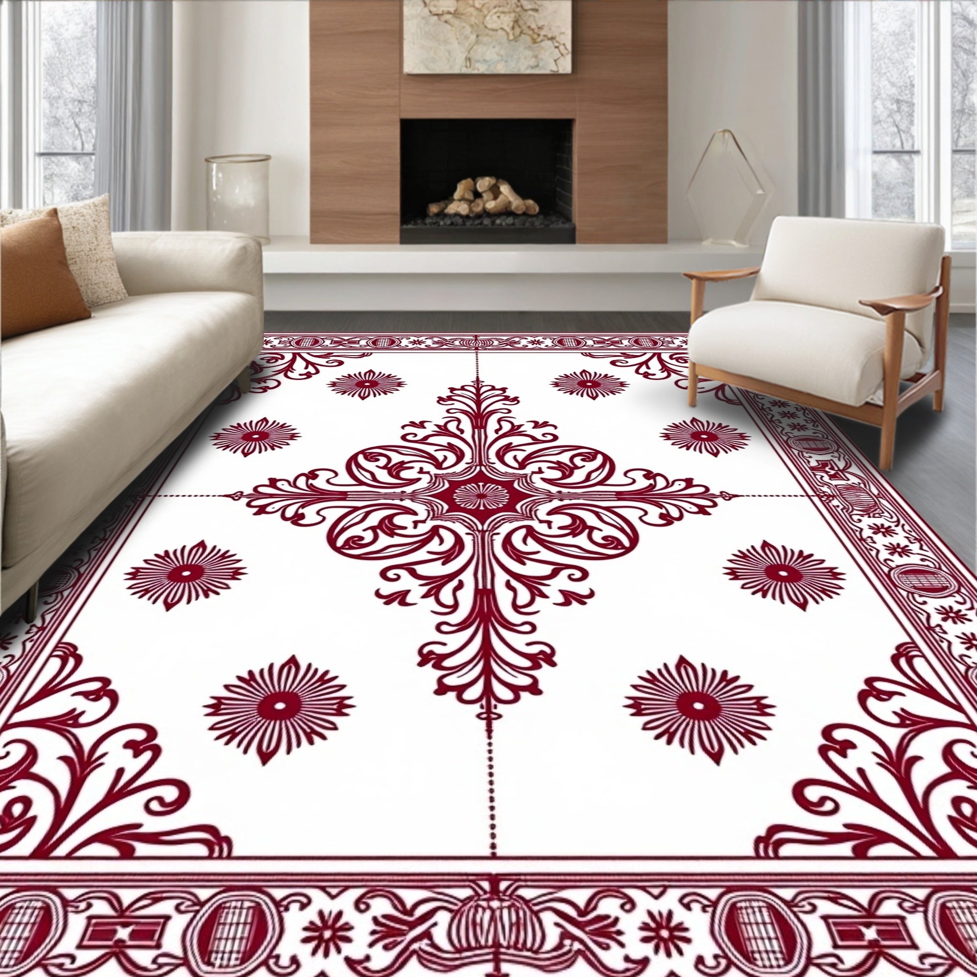 Deep Red Floral Medallion Centerpiece Rug