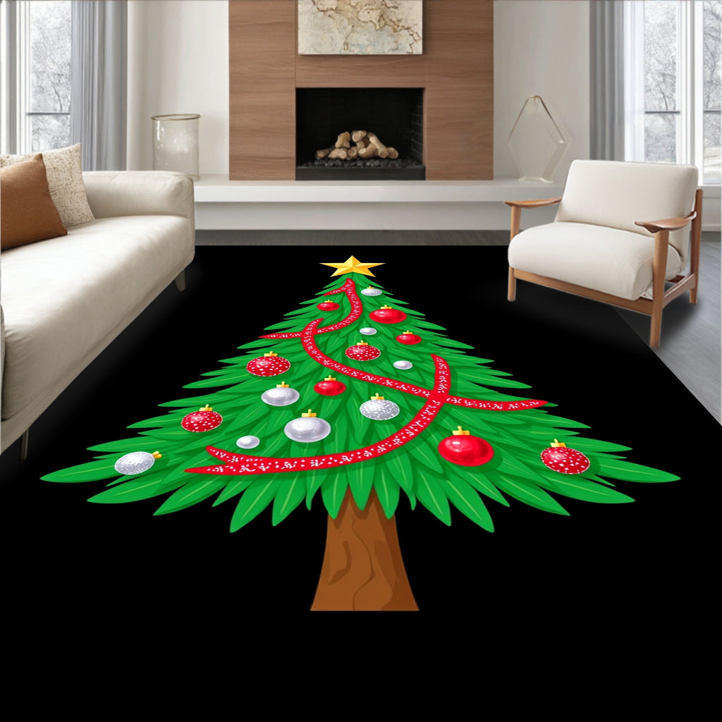 Festive Green Fir Tree Red Ornaments Rug