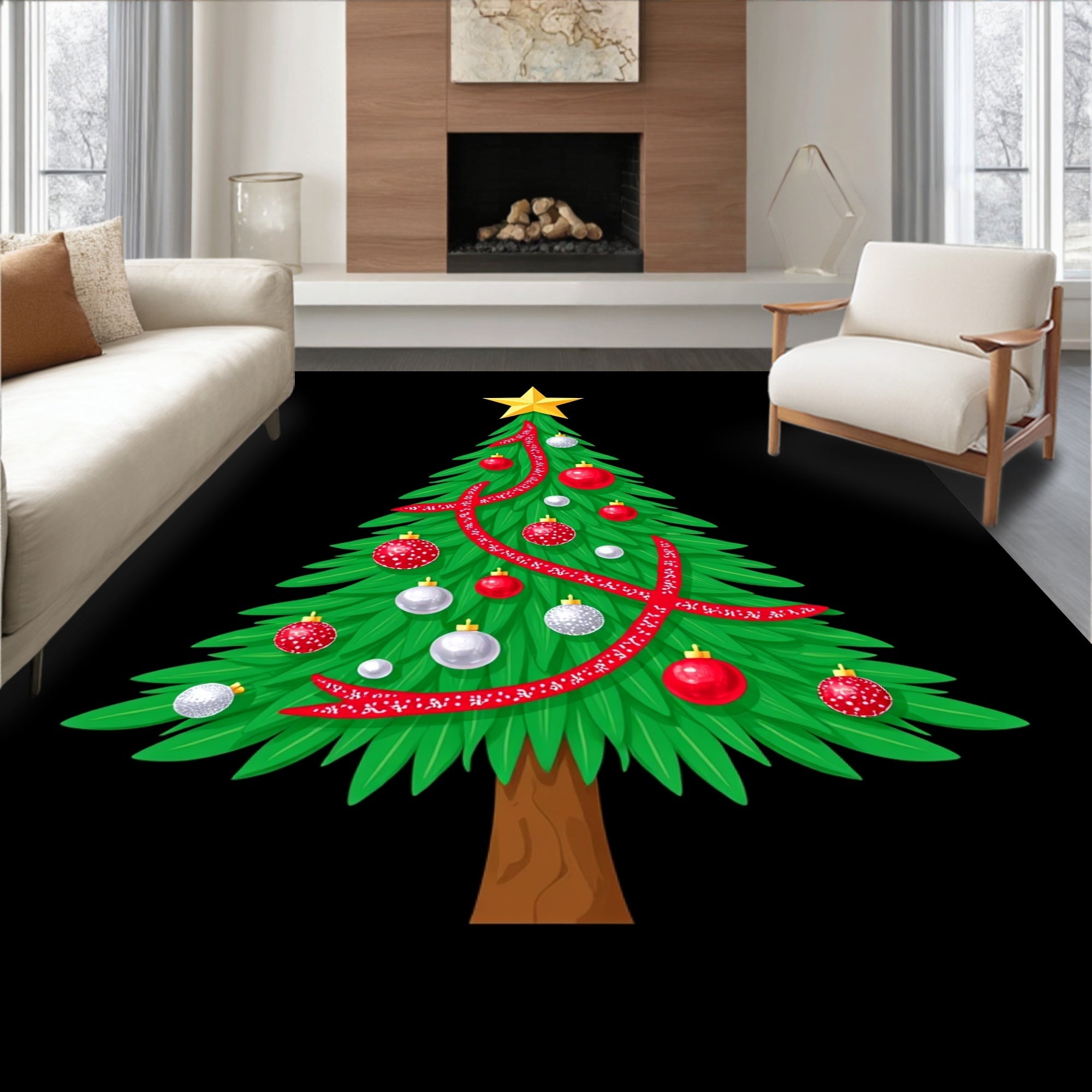 Festive Green Fir Tree Red Ornaments Rug