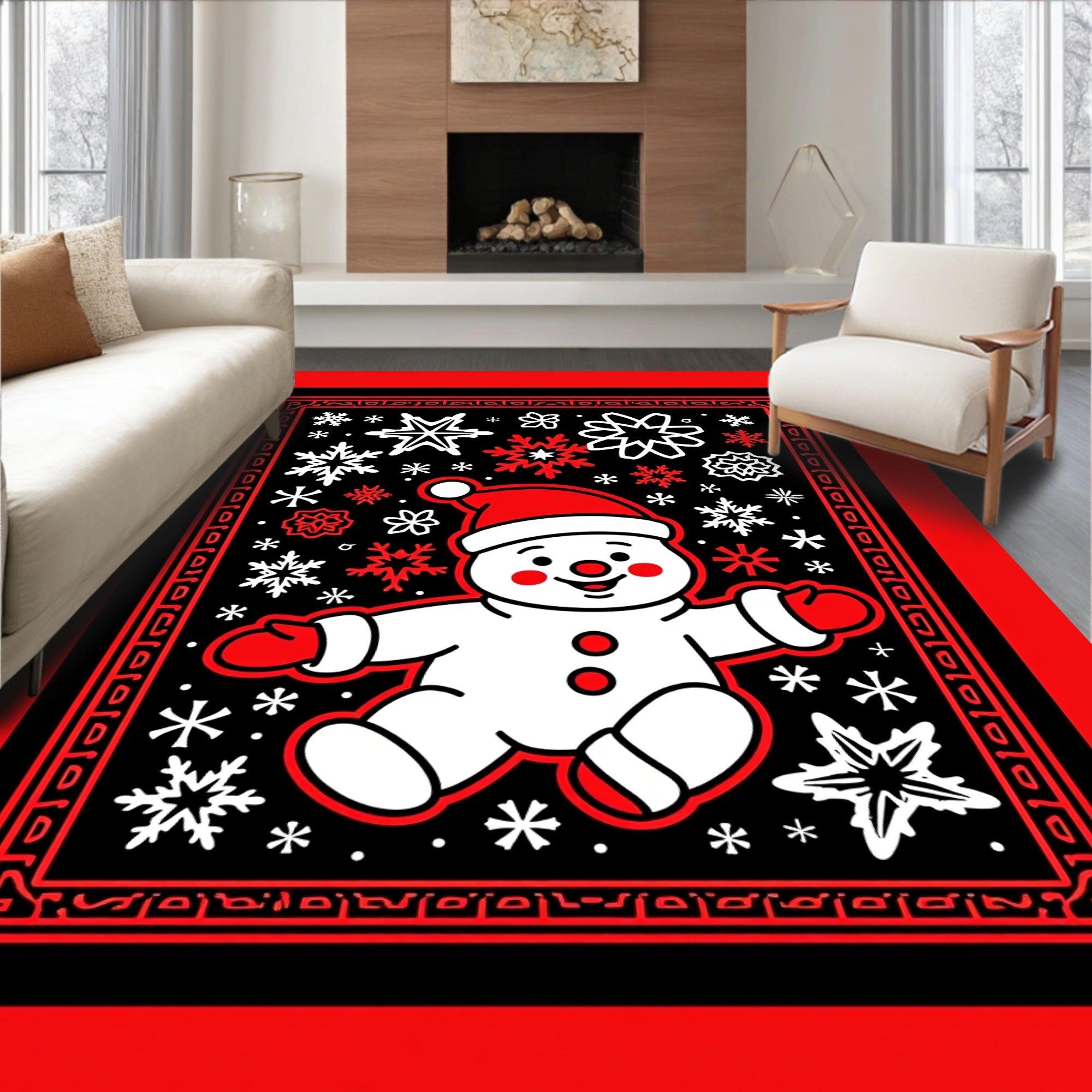 Joyful White Snowman Red Snowflakes Rug
