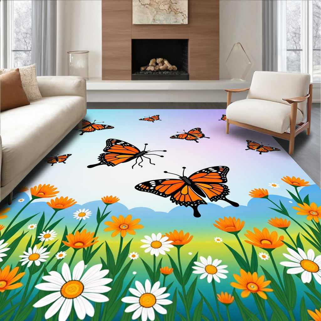 Orange Monarch Butterflies Over Floral Meadow Rug