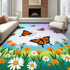 Orange Monarch Butterflies Over Floral Meadow Rug