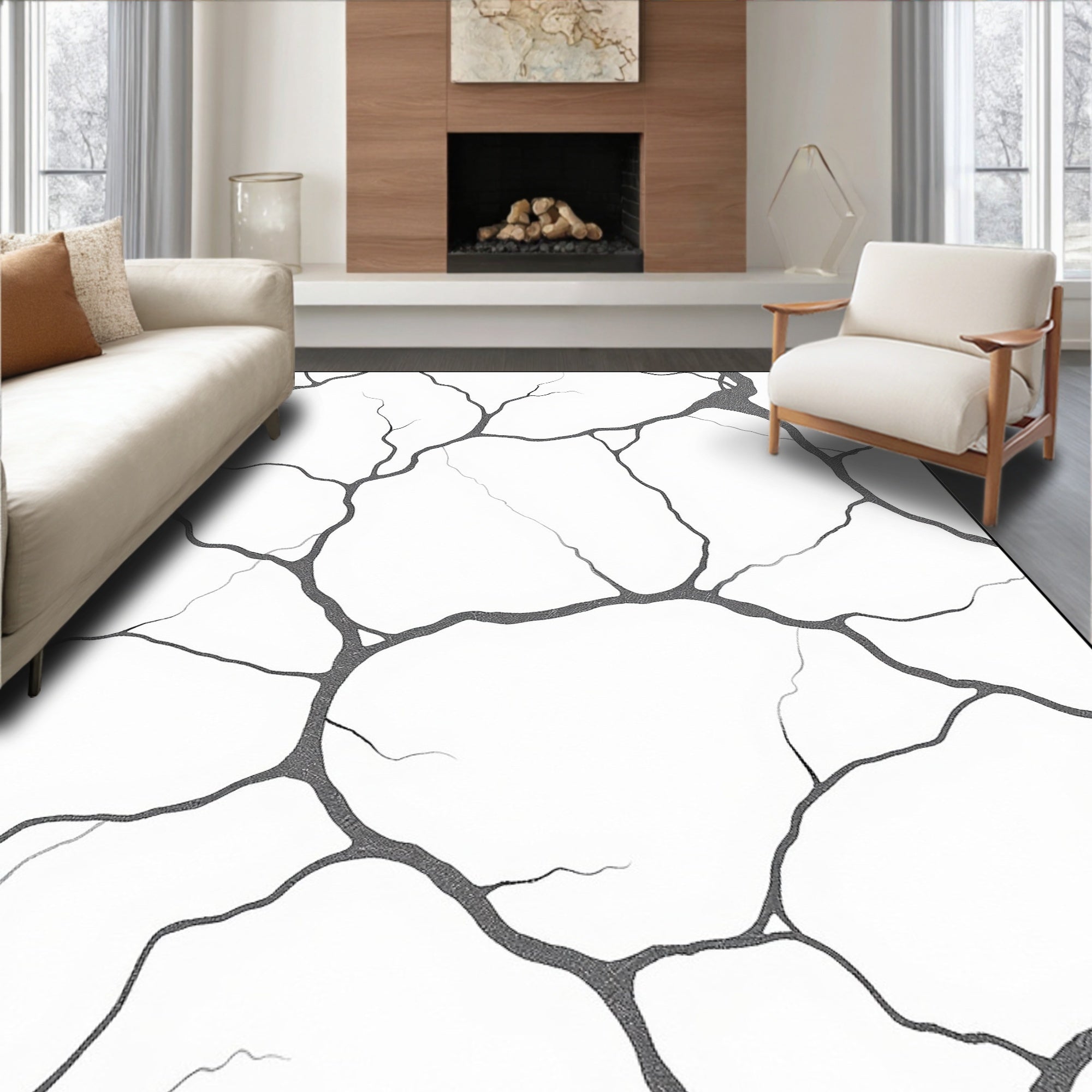 Monochrome Cracked Earth Abstract Rug