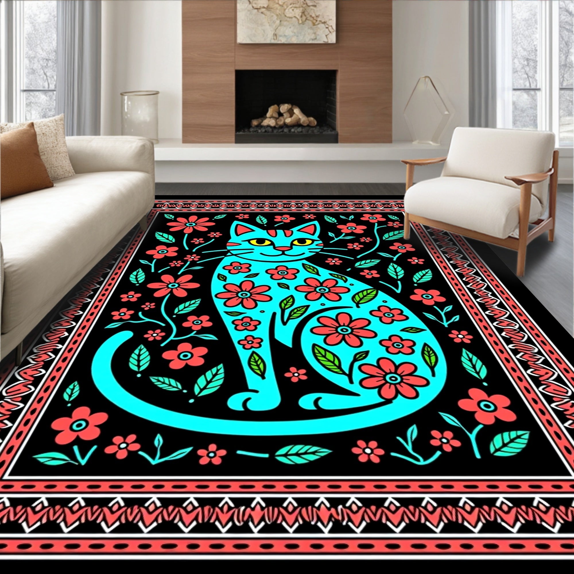 Turquoise Cat Floral Art Rug