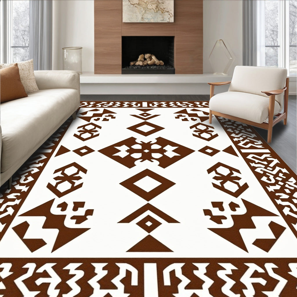 Brown Geometric Border Diamond Medallion Rug