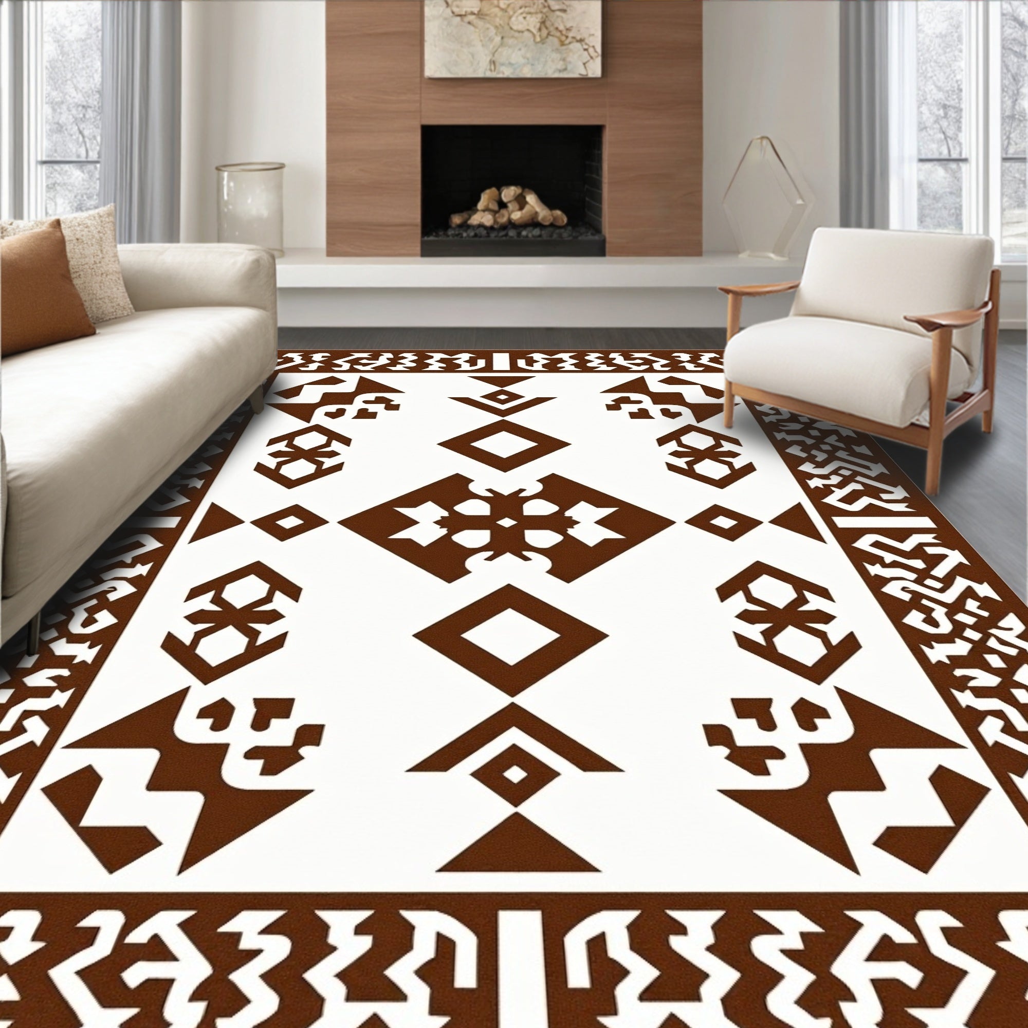 Brown Geometric Border Diamond Medallion Rug