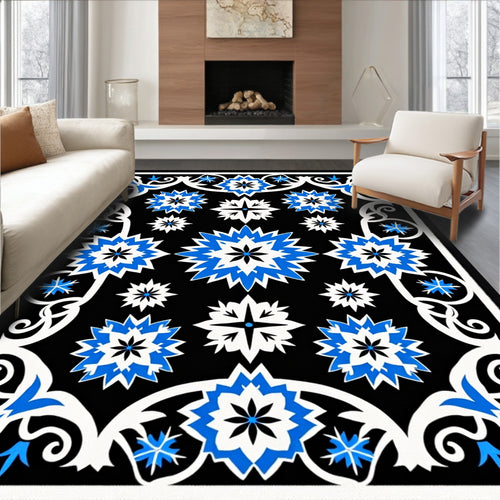 Black Floral Starburst Cobalt Blue Rug