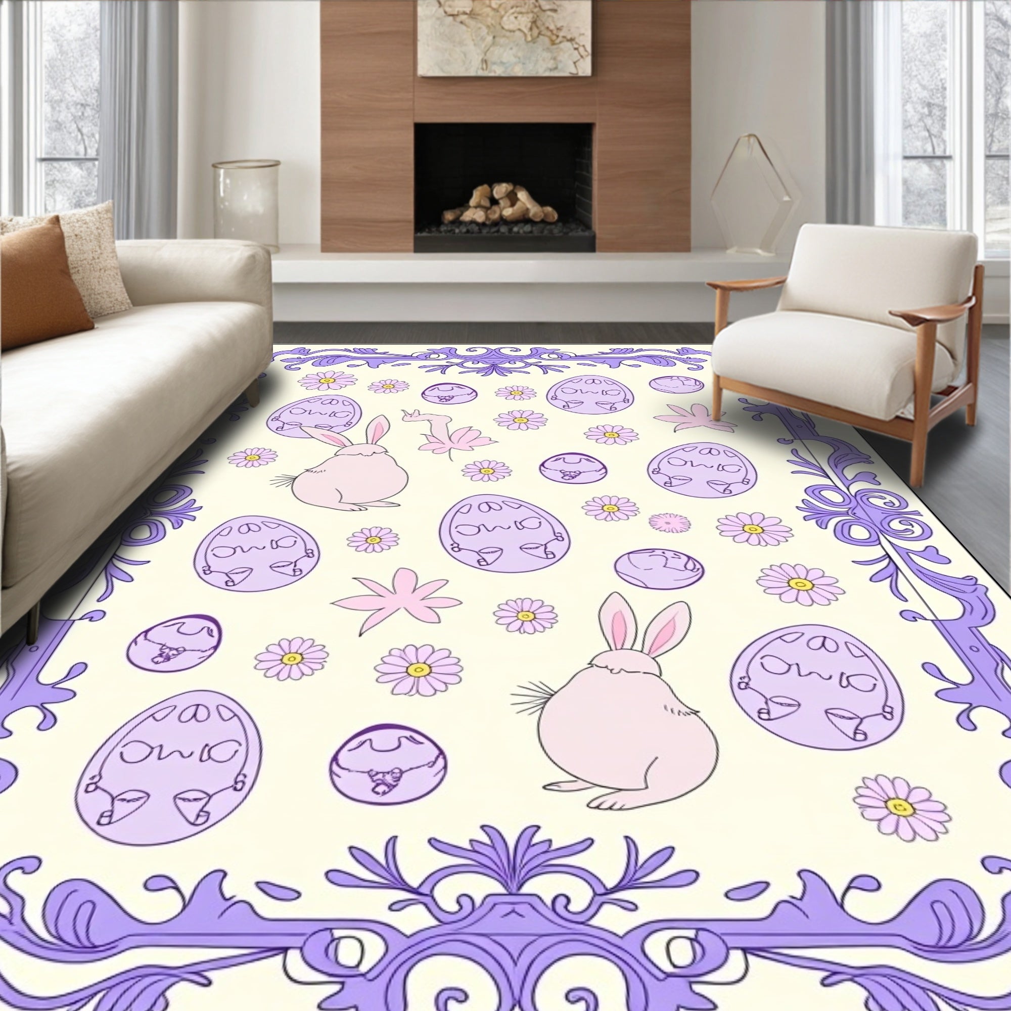 Pastel Purple Easter Bunny Eggs FloralRug Rug